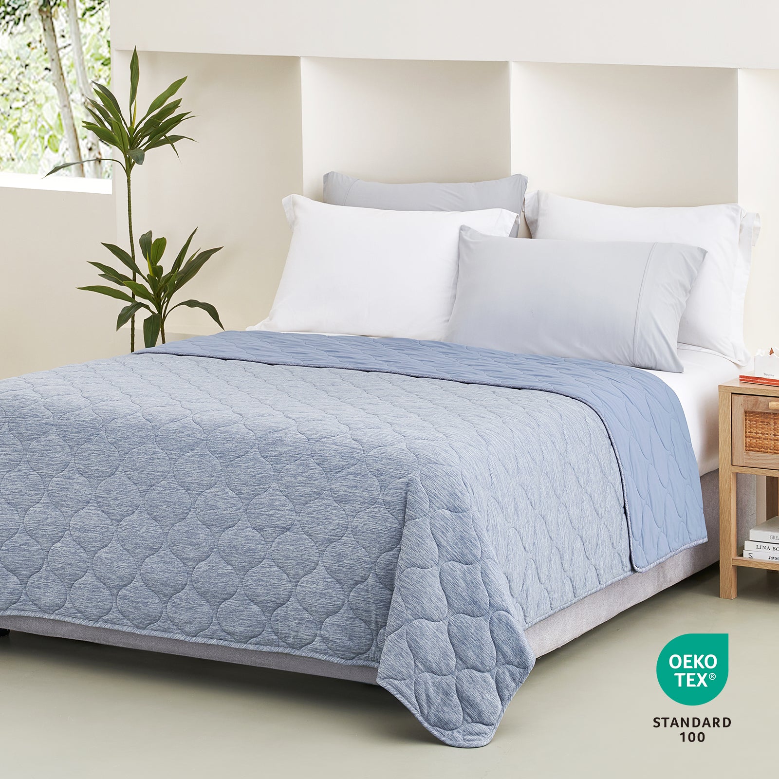 Cozy Bliss blue cooling blanket with cloud pattern, OEKO-TEX certified for cozy sleep and comfort. #color_Denim Blue