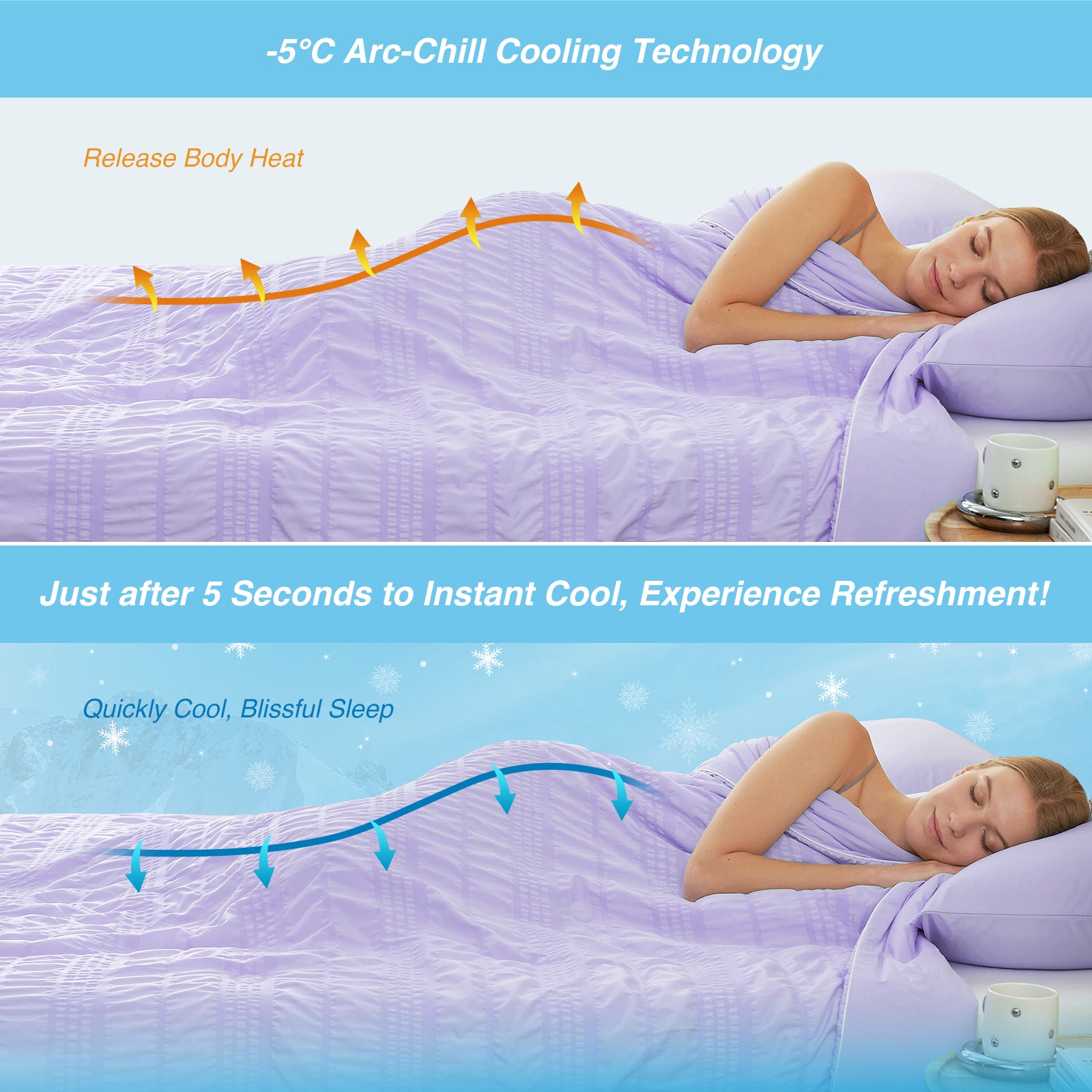Lavender cooling comforter with Arc-Chill tech, promotes quick cooling, and blissful sleep for a cozy night. #color_Purple