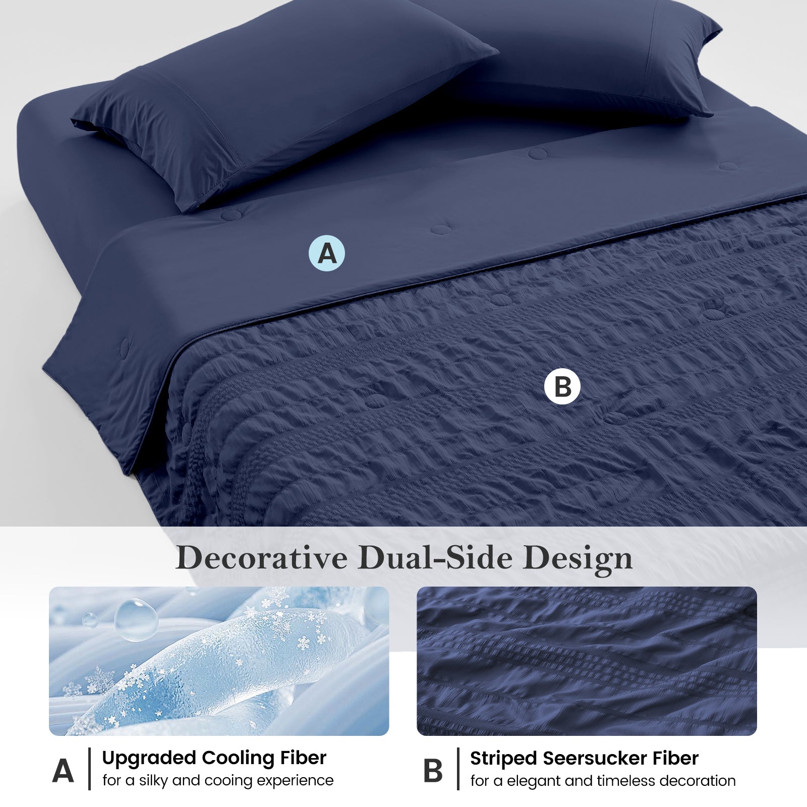 Reversible cooling comforter with dual-side design, silky cooling fabric on one side and textured seersucker on the other#color_Navy Blue