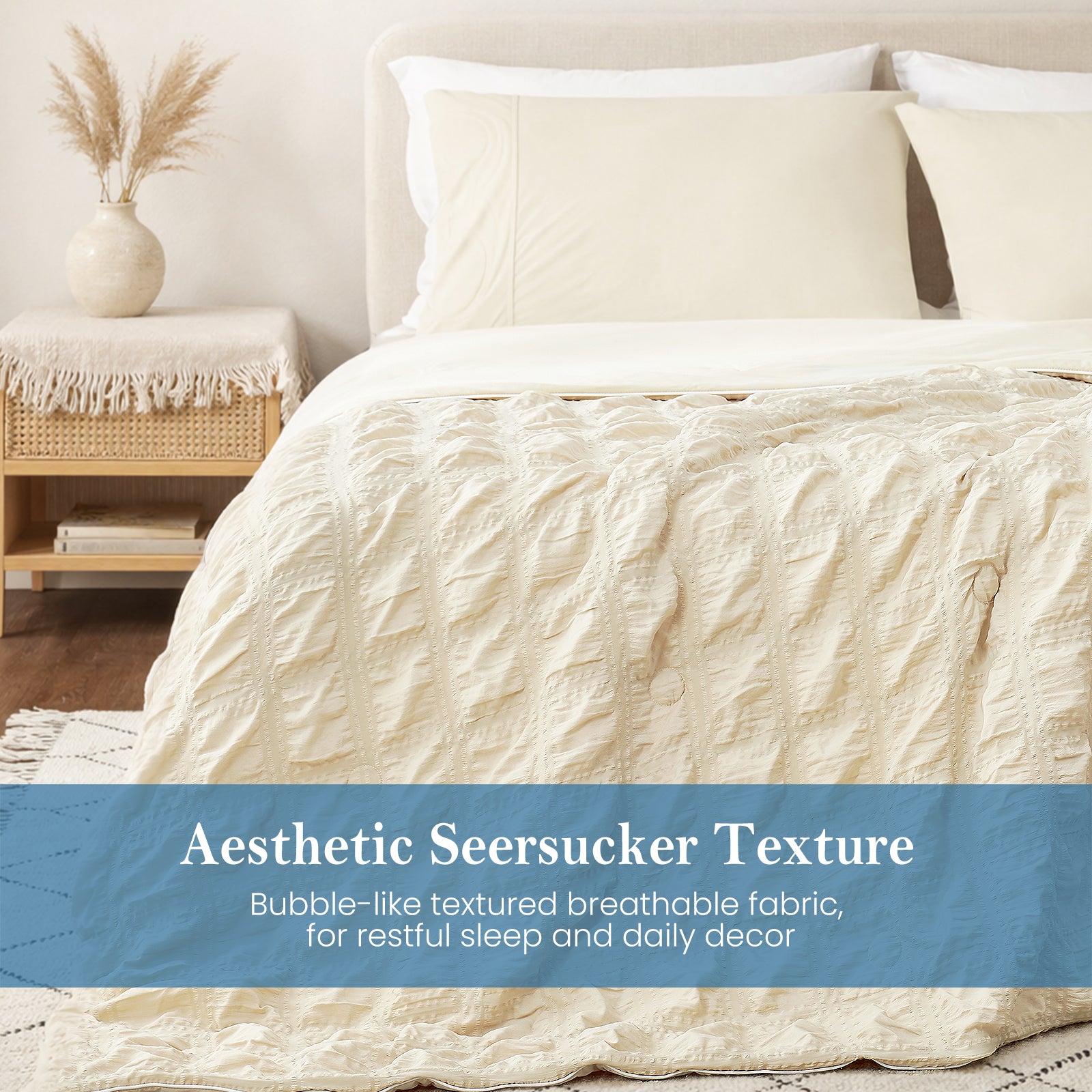 Close-up of khaki seersucker comforter, textured breathable fabric with soft cooling touch.#color_Khaki