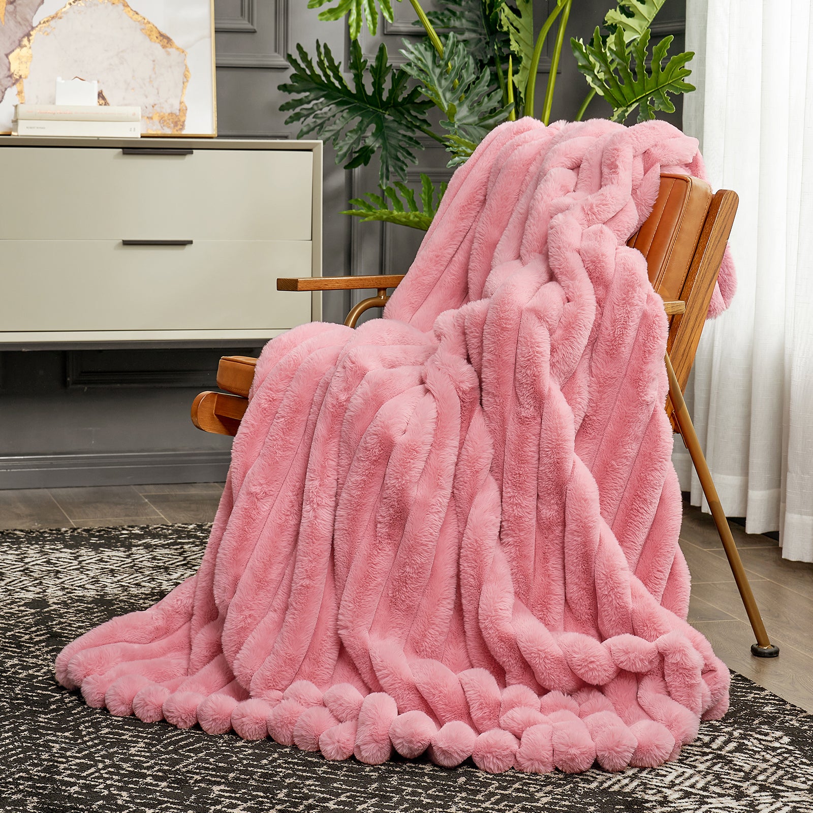 Pink striped faux fur blanket on a chair. Cozy, ultra-soft, perfect for adding warmth. Cozy bedding. #color_Hot Pink