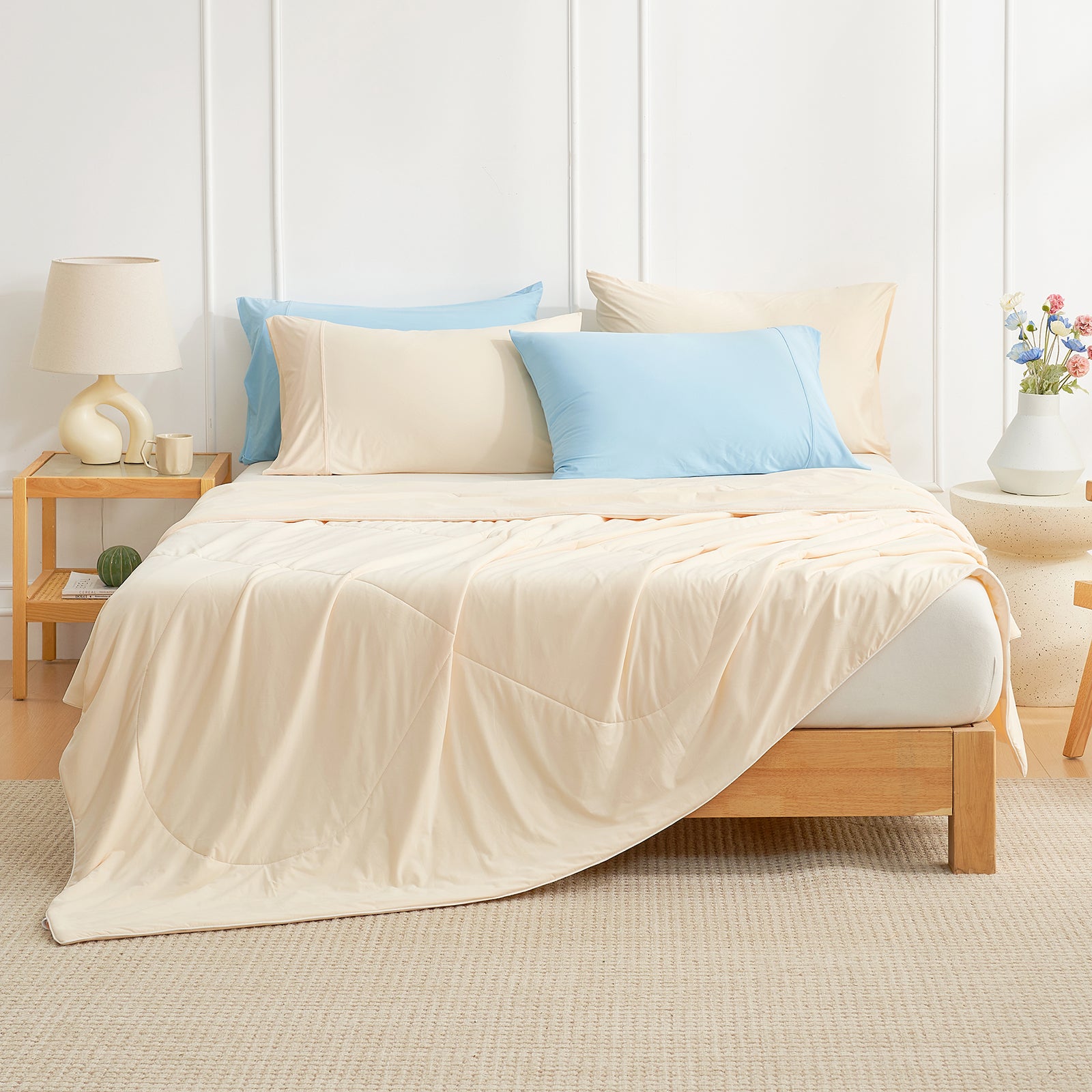 Cozy Bliss beige cooling comforter on bed, breathable and soft bedding, perfect for hot sleepers #Color_Yellow