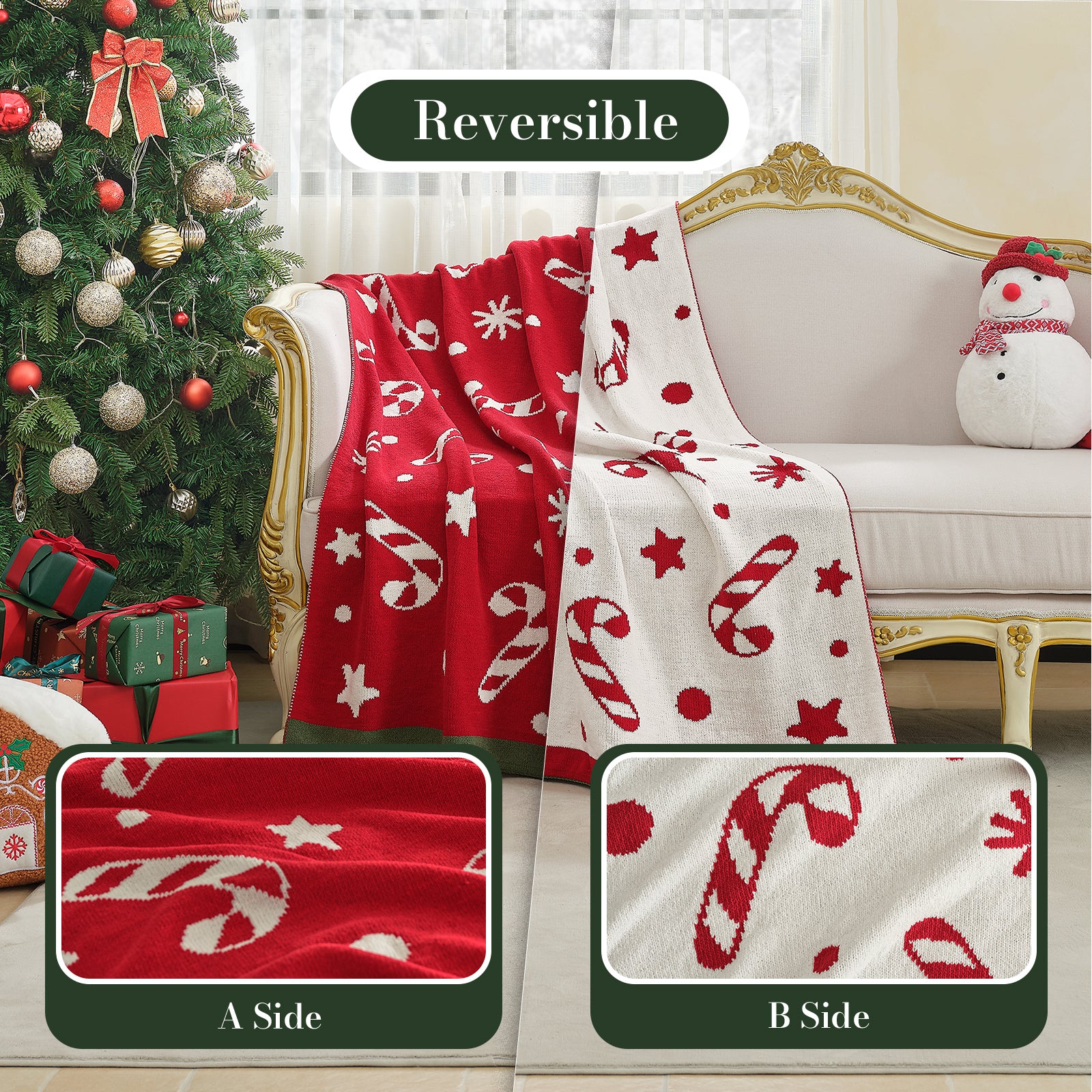 Reversible Christmas-themed blanket displayed on a couch with a decorated tree in the background. #color_Candy Cane