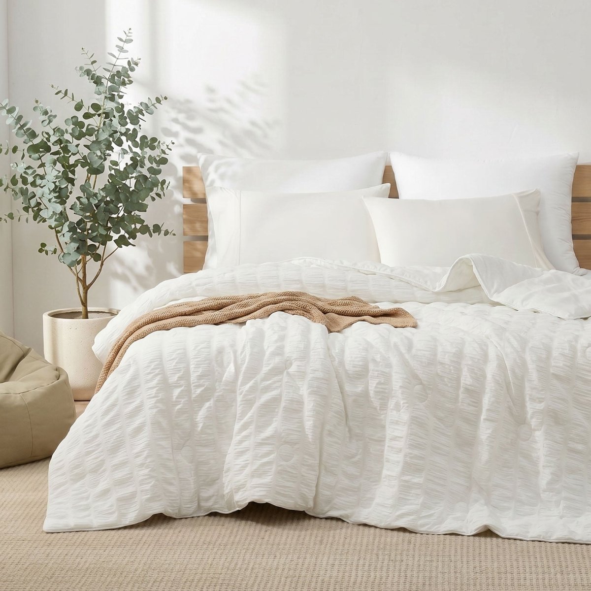 Cozy Bliss white vertical striped seersucker cooling comforter front view. #Color_Off White