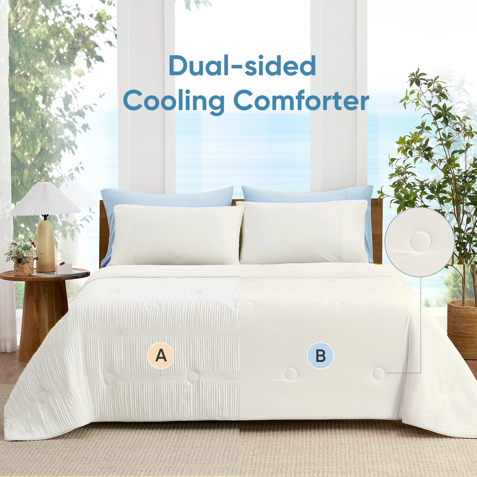 Full bed view of cooling comforter with reversible dual-sided design, showing cooling and breathable sides.#color_White