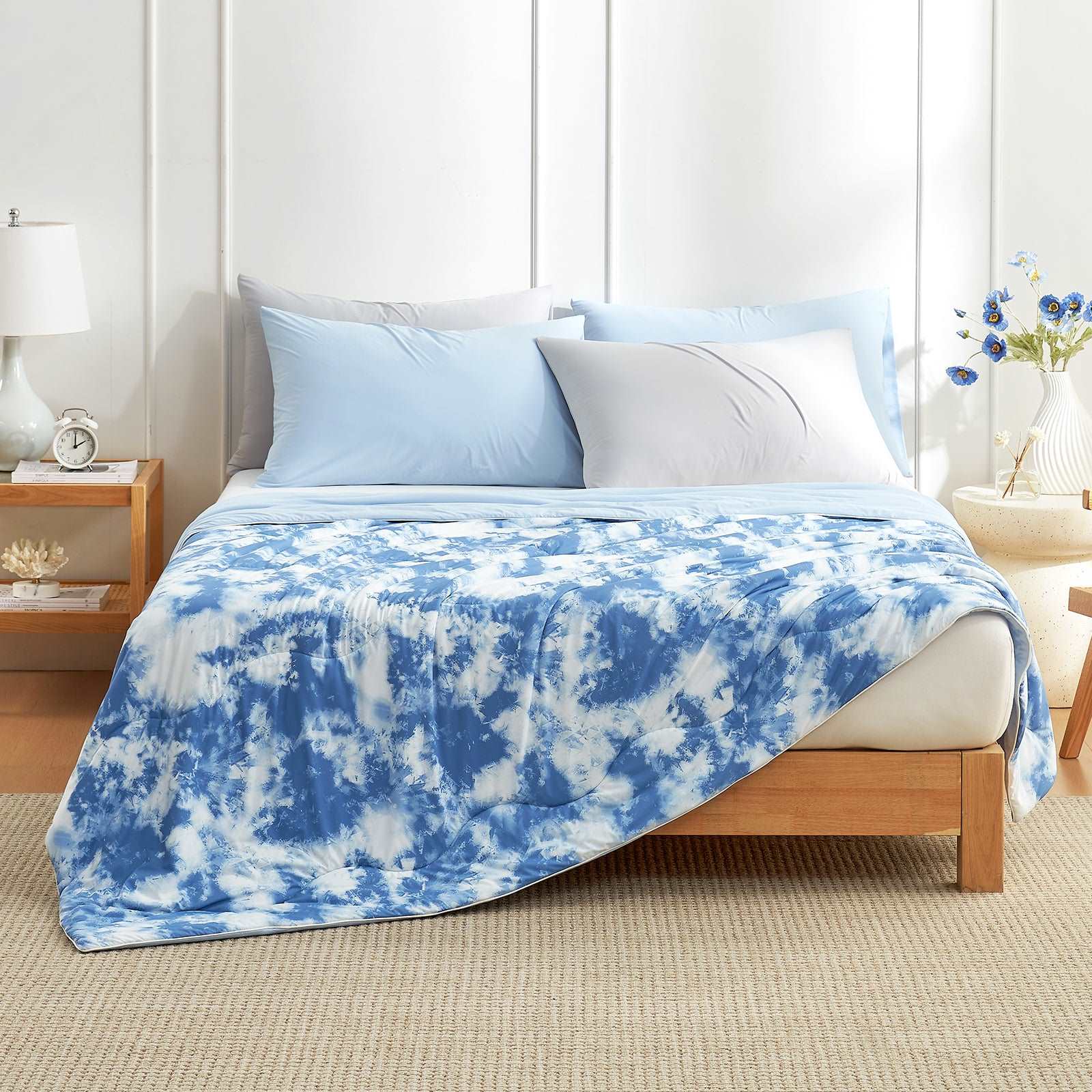 Tie-dye Cooling Comforter Set on bed, blue and white pattern, soft bedding #color_Tie Dye Denim Blue