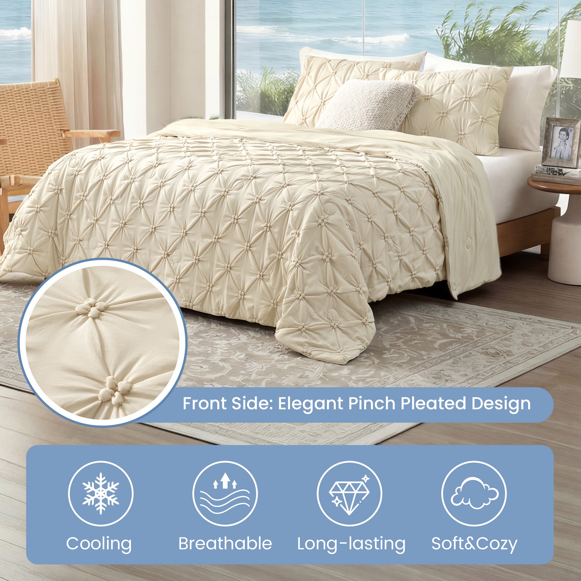 Close-up of the pintuck design and product features listed. #Color_Beige