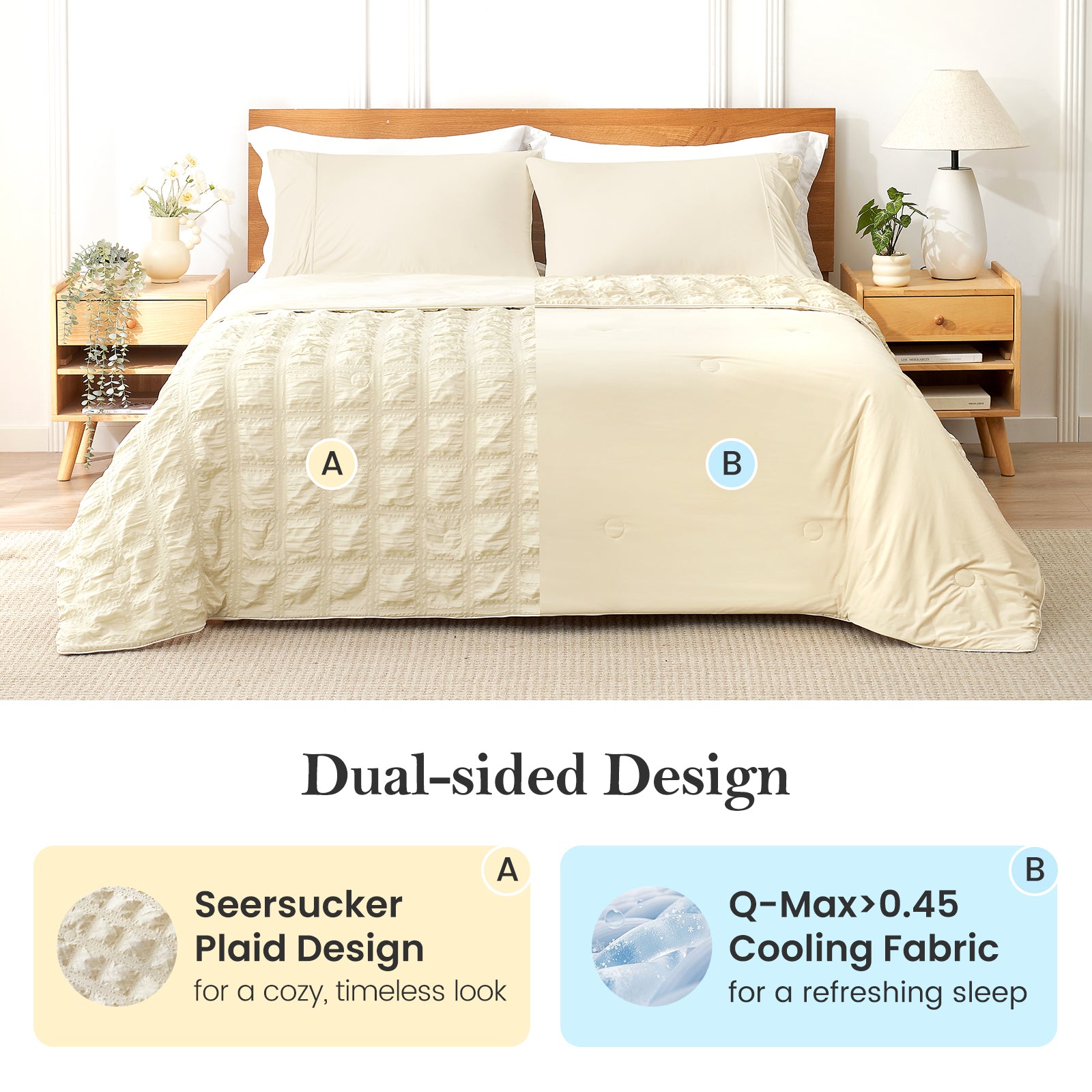 Beige comforter on a bed with dual-sided design features highlighted #color_Khaki
