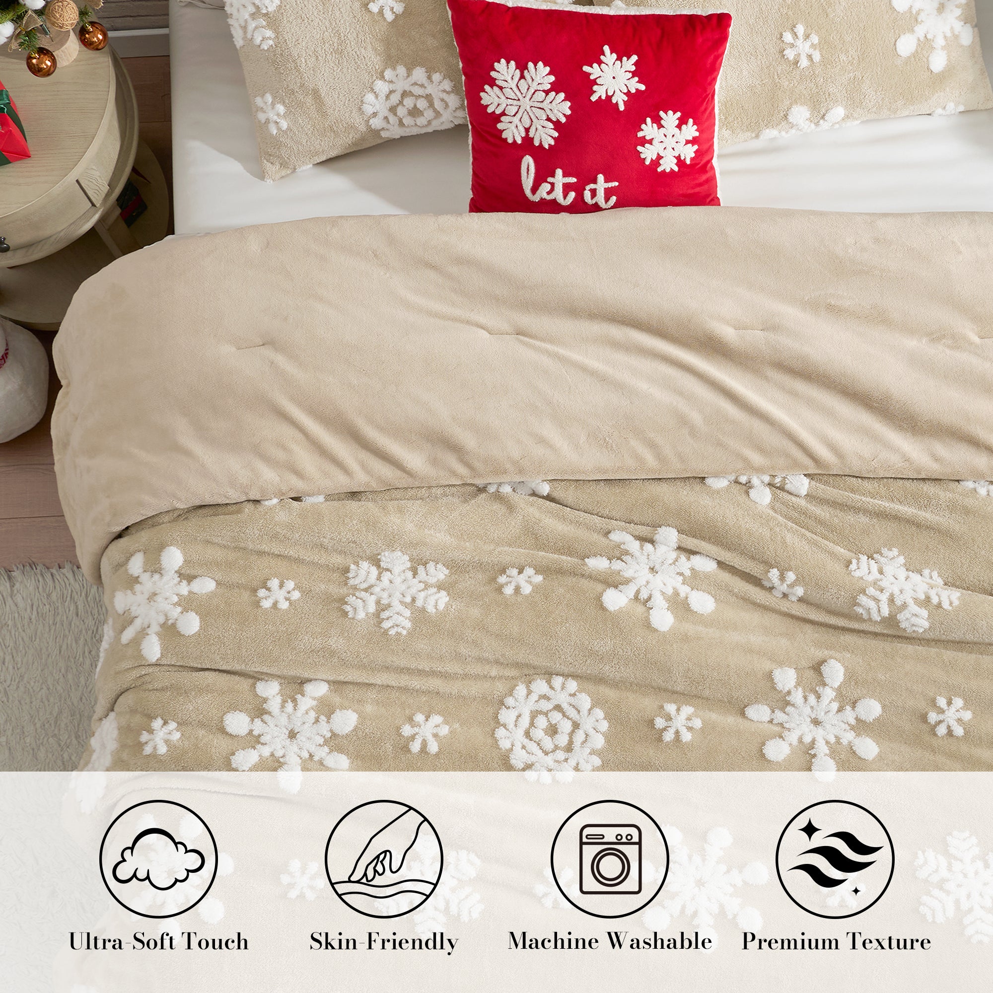 Beige bedding set with snowflake pattern and red pillow with 'let it' text on a bed. #Color_Snowflake Beige