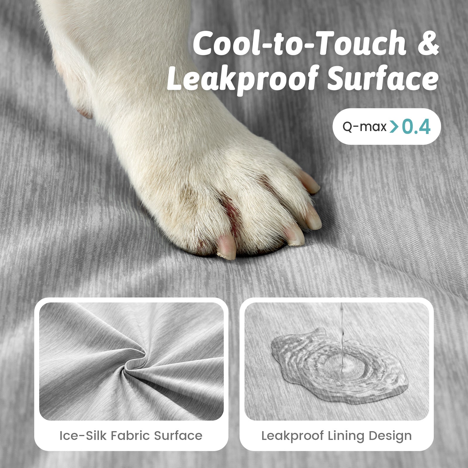 Dog paw on a textured surface with text about cool-to-touch and leakproof design.#color_Light Grey