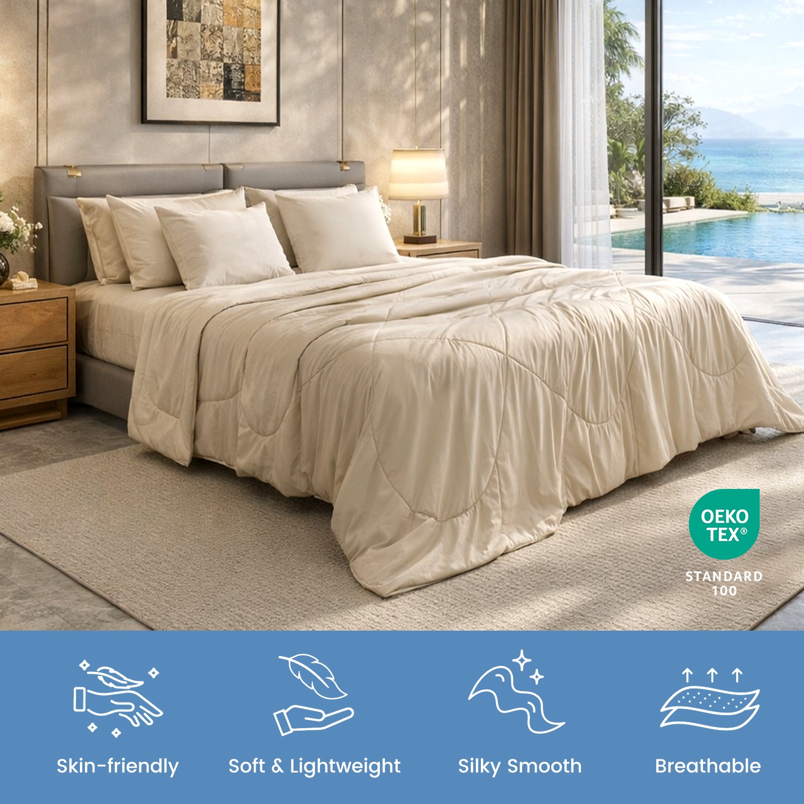 Khaki Cloud-like extra cooling comforter on bed in luxury bedroom with ocean view, soft breathable lightweight bedding, OEKO-TEX certified.#Color_Khaki