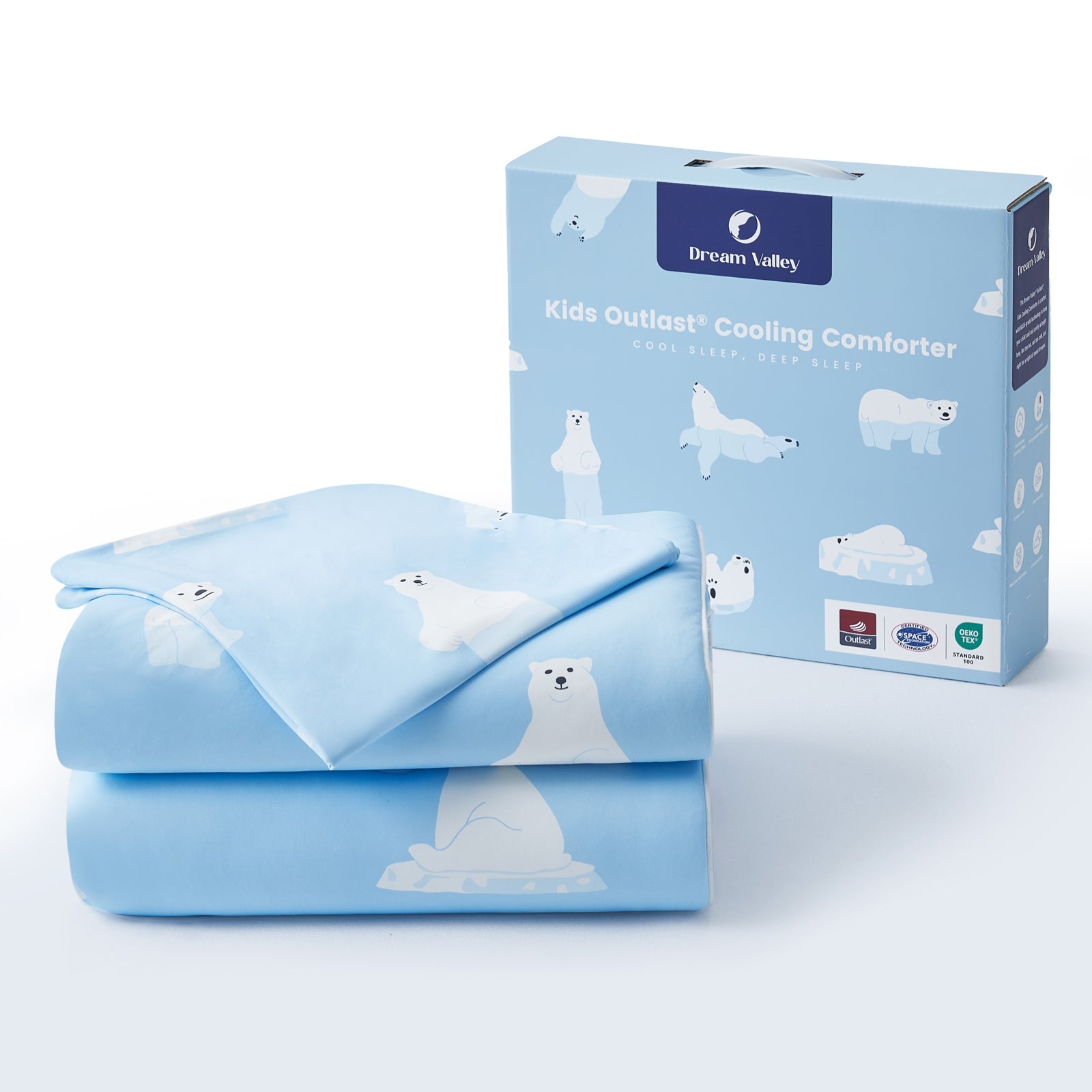Blue cooling comforter with polar bear designs and packaging on a white background#color_Polar Bear