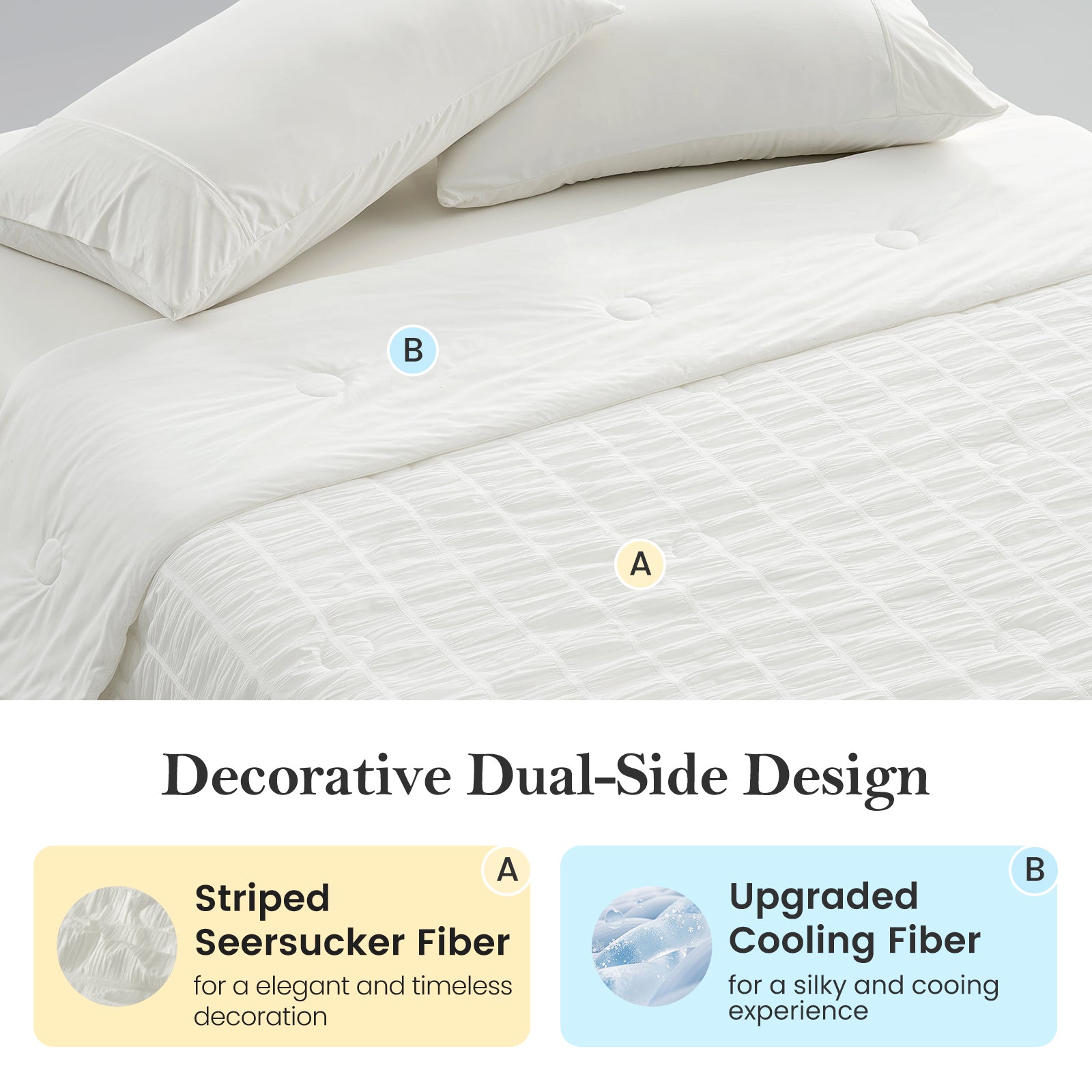 Dual-Side design of Cozy Bliss Vertical Striped Seersucker Cooling Comforter. #color_White