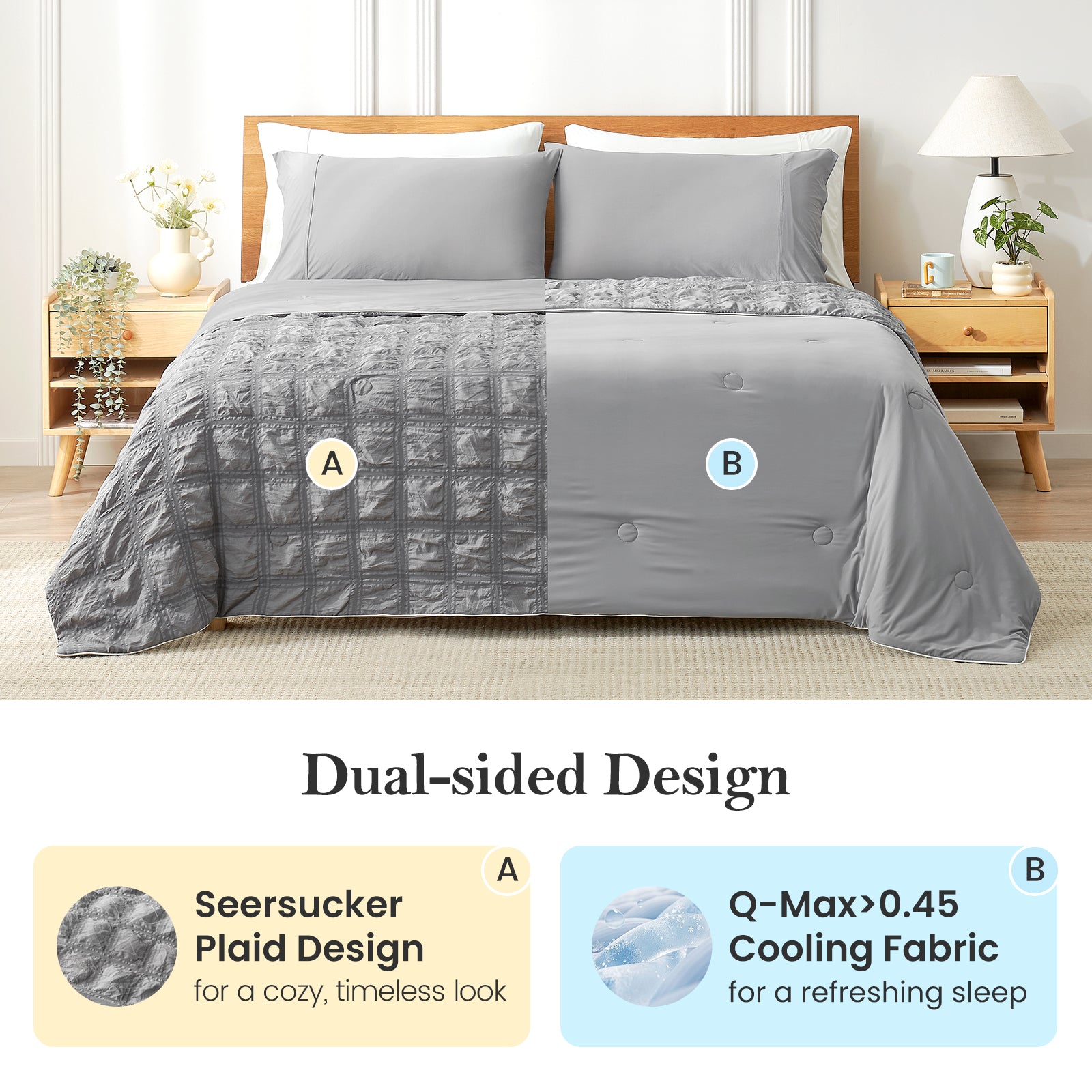 Gray quilt with seersucker plaid and Q-Max cooling fabric on a bed in a bedroom setting. #color_Dark Grey