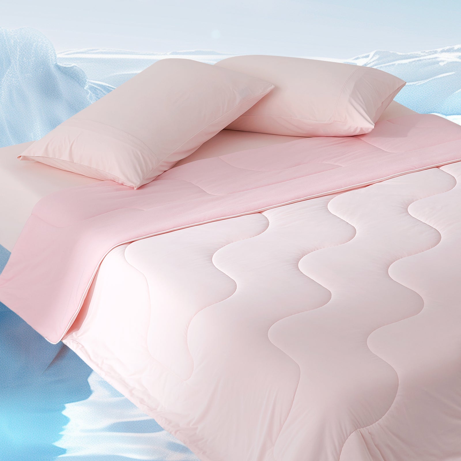 Pink Cozy Bliss cooling comforter set on bed, cooling comforter, breathable blankets #color_Cool Pink