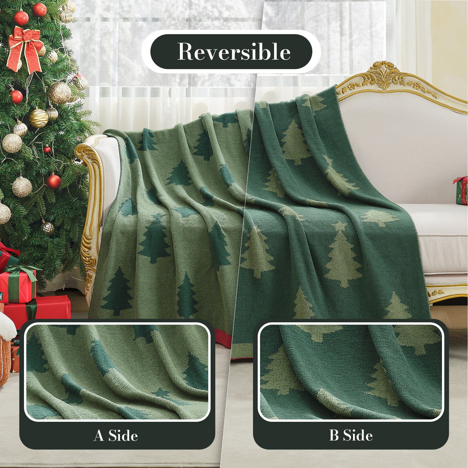 Reversible green blanket with tree pattern draped over a couch, Christmas tree and gifts in the background. #color_Christmas Tree