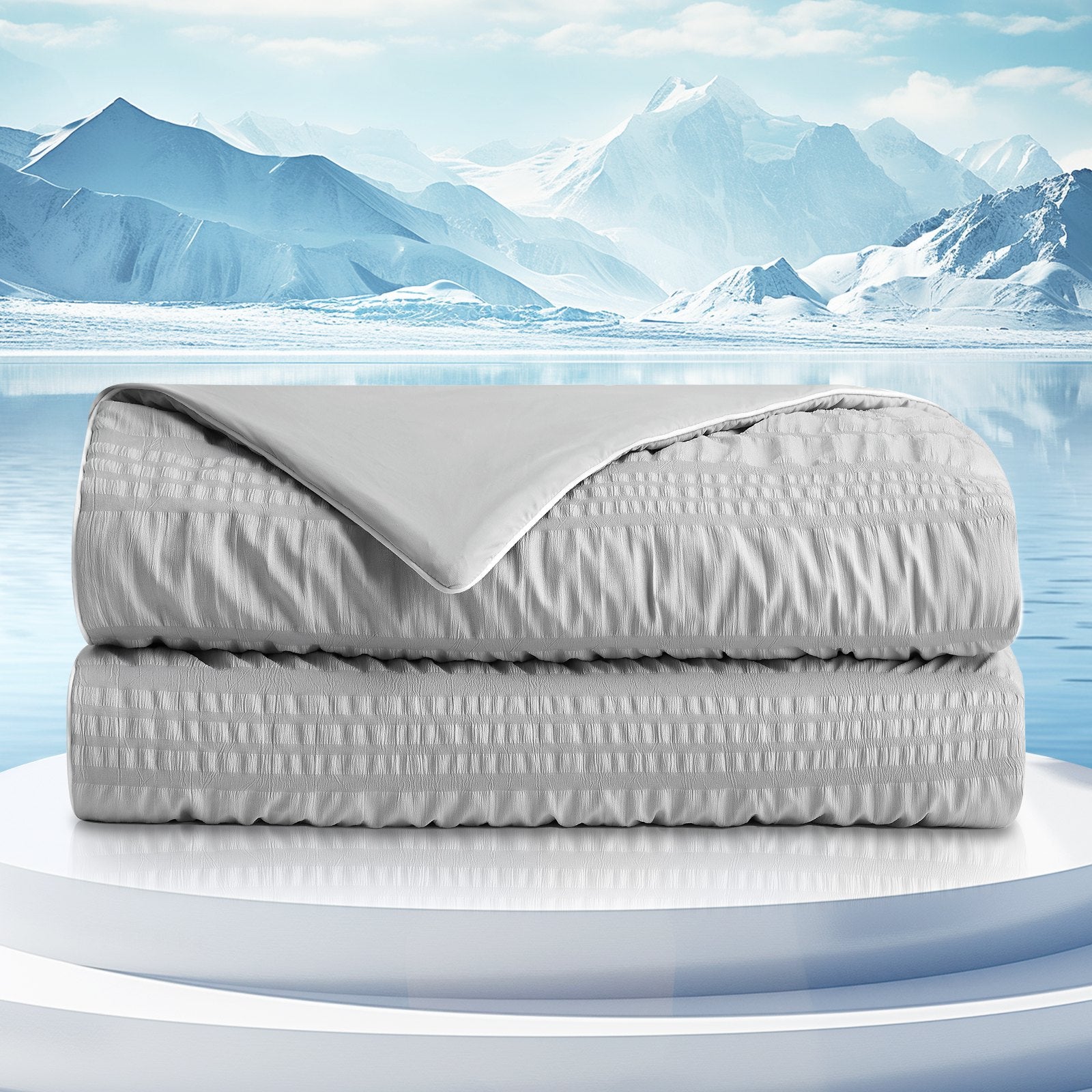 Cozy Bliss gray Seersucker Cooling Comforter. Breathable and cooling design for a cozy, cool night's sleep. #color_Light Grey
