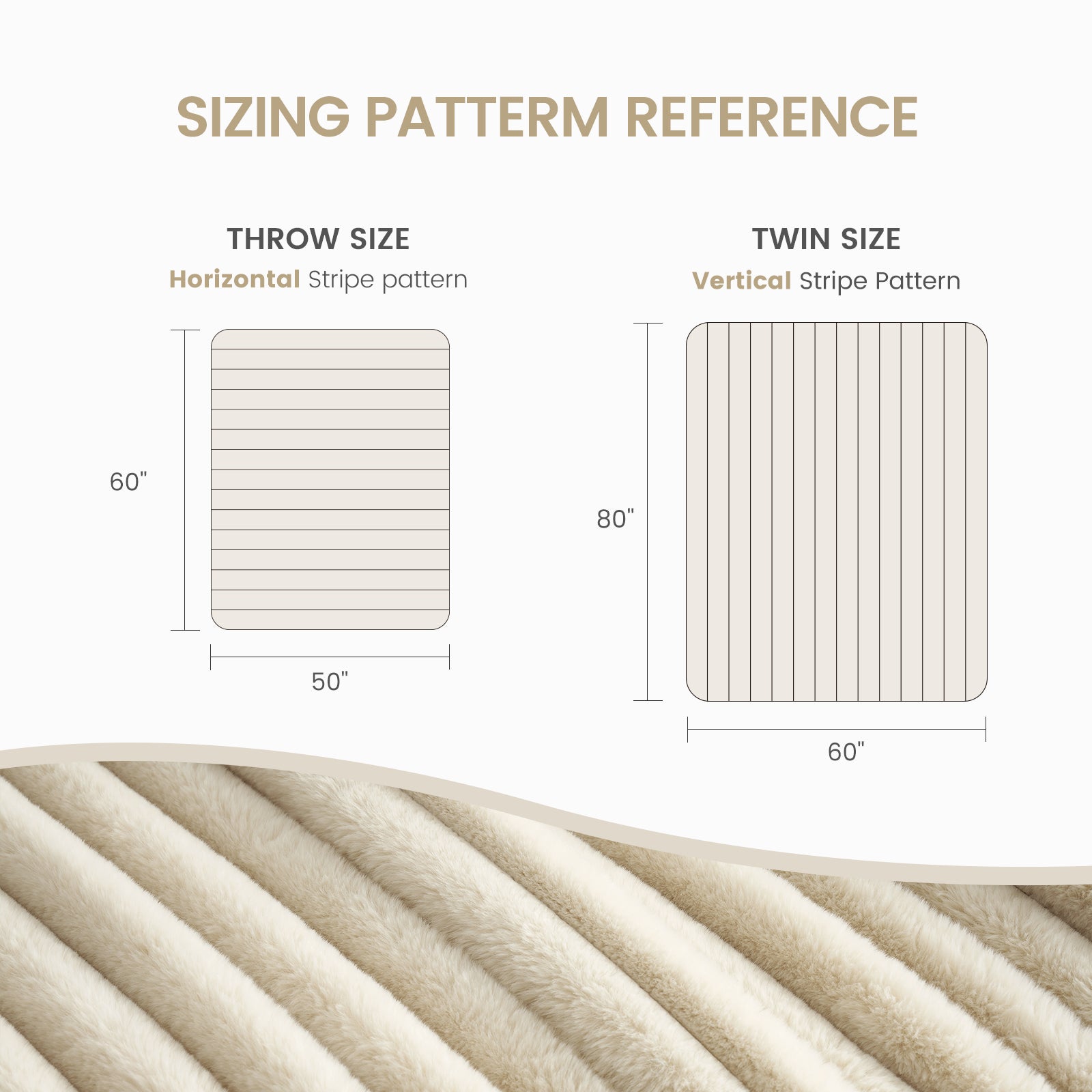 Cozy Bliss faux fur blanket size chart: Throw and Twin sizes with dimensions for cozy bedding. #color_Beige