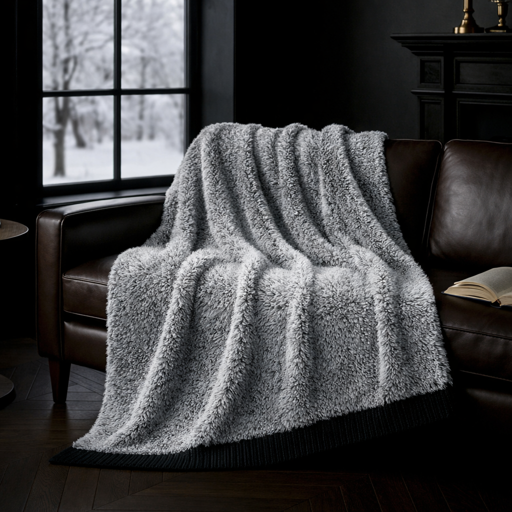 Faux Mink Feather Knit Throw Blanket in Black draped over a sofa in a cozy living room setting, highlighting plush texture and warmth. #color_Black