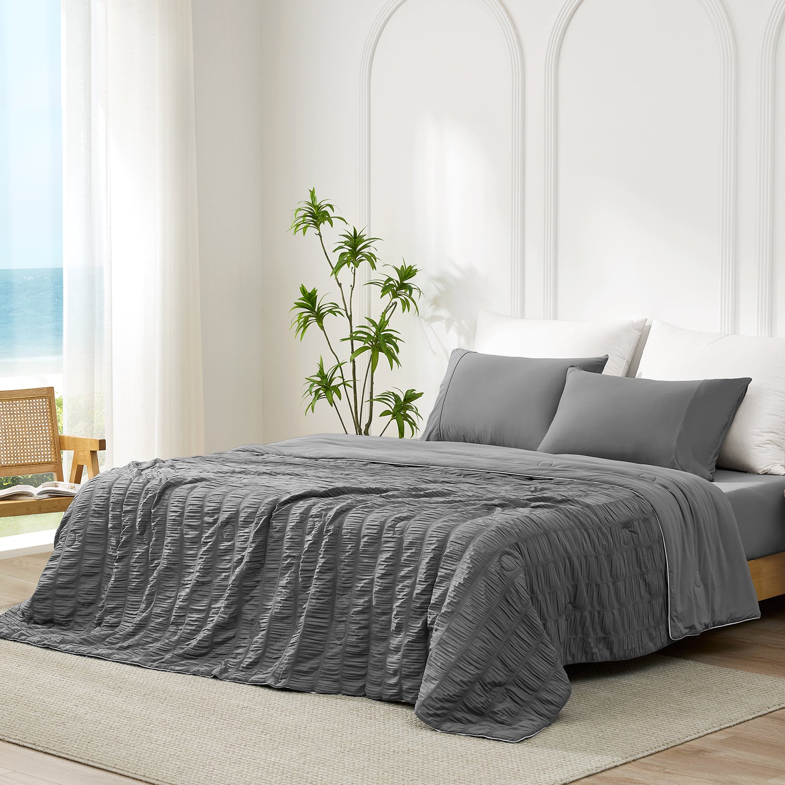 Cozy Bliss dark grey vertical striped seersucker cooling comforter front view. #color_Charcoal Grey