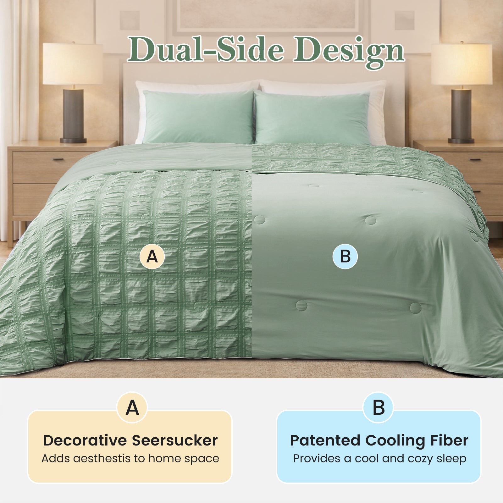 Gray quilt with seersucker plaid and Q-Max cooling fabric on a bed in a bedroom setting.#color_Sage Green