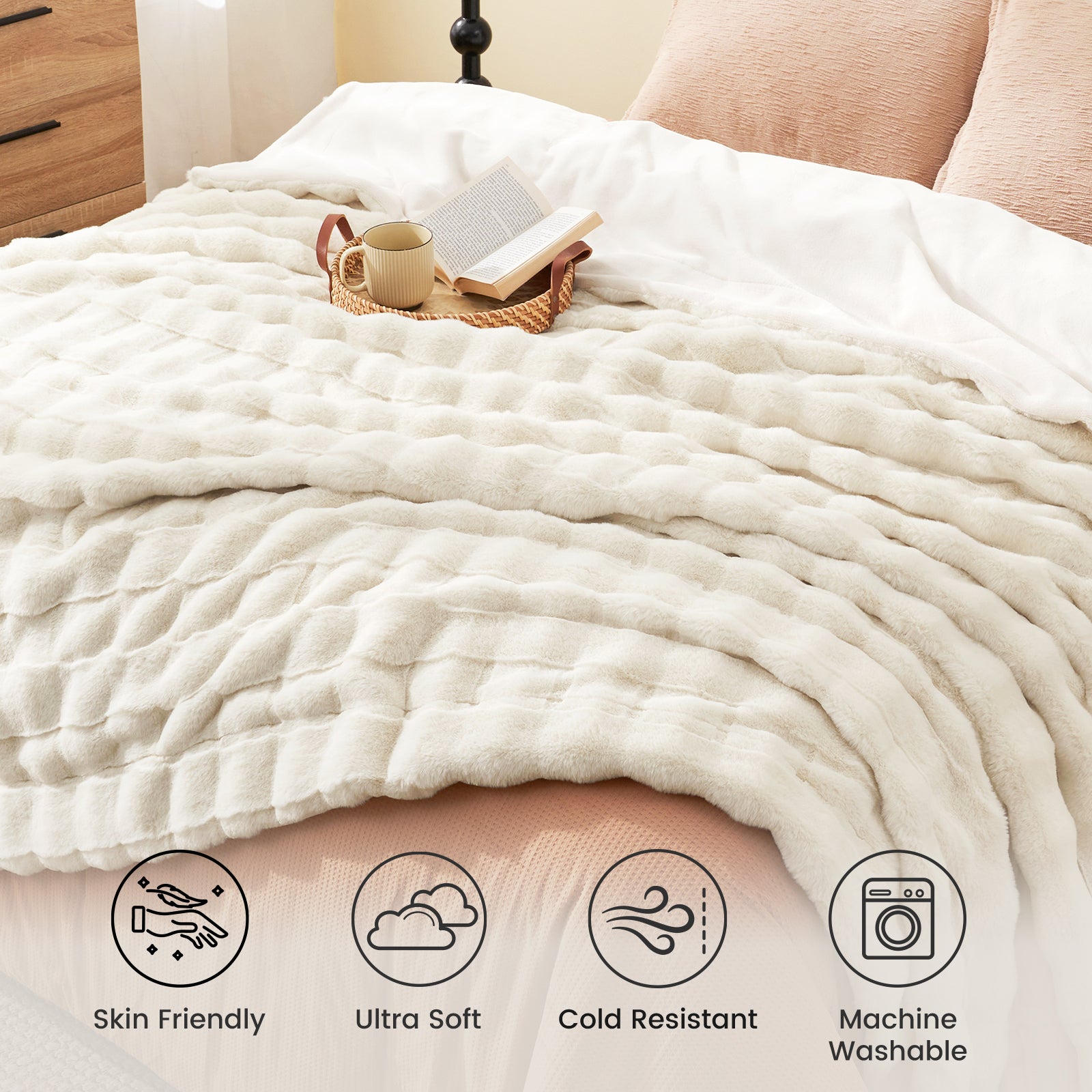 Creamy faux fur throw blanket on bed, ultra-soft and machine washable, perfect for cozy bedrooms #color_Cream White