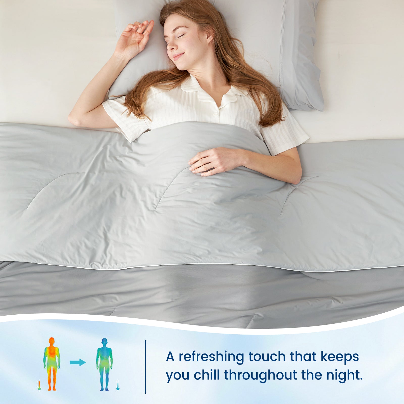 Woman sleeping under a Cozy Bliss cooling comforter, promoting a cool, comfortable night's sleep. #Color_Cool Gray