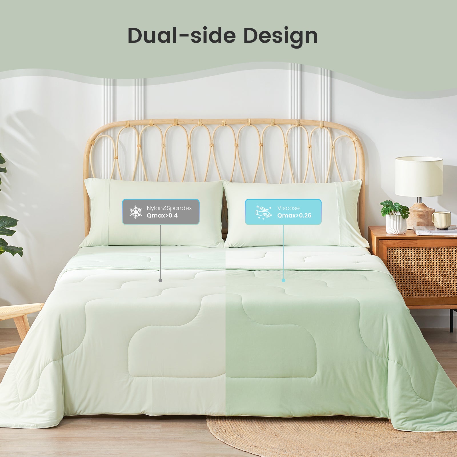 Dual-sided cooling comforter by Cozy Bliss, showcasing breathable, cool sleep with Nylon/Spandex & Viscose. #color_Mint Green