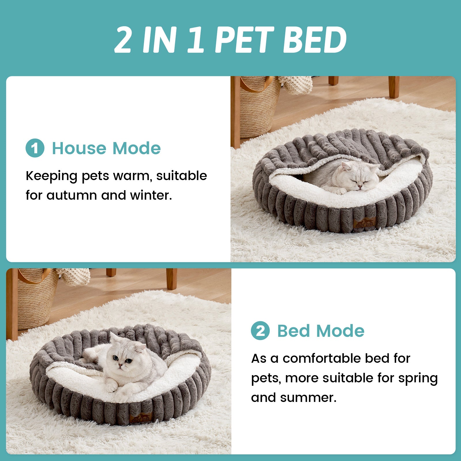 2-in-1 pet bed with a cat inside, showing house mode and bed mode#color_Grey