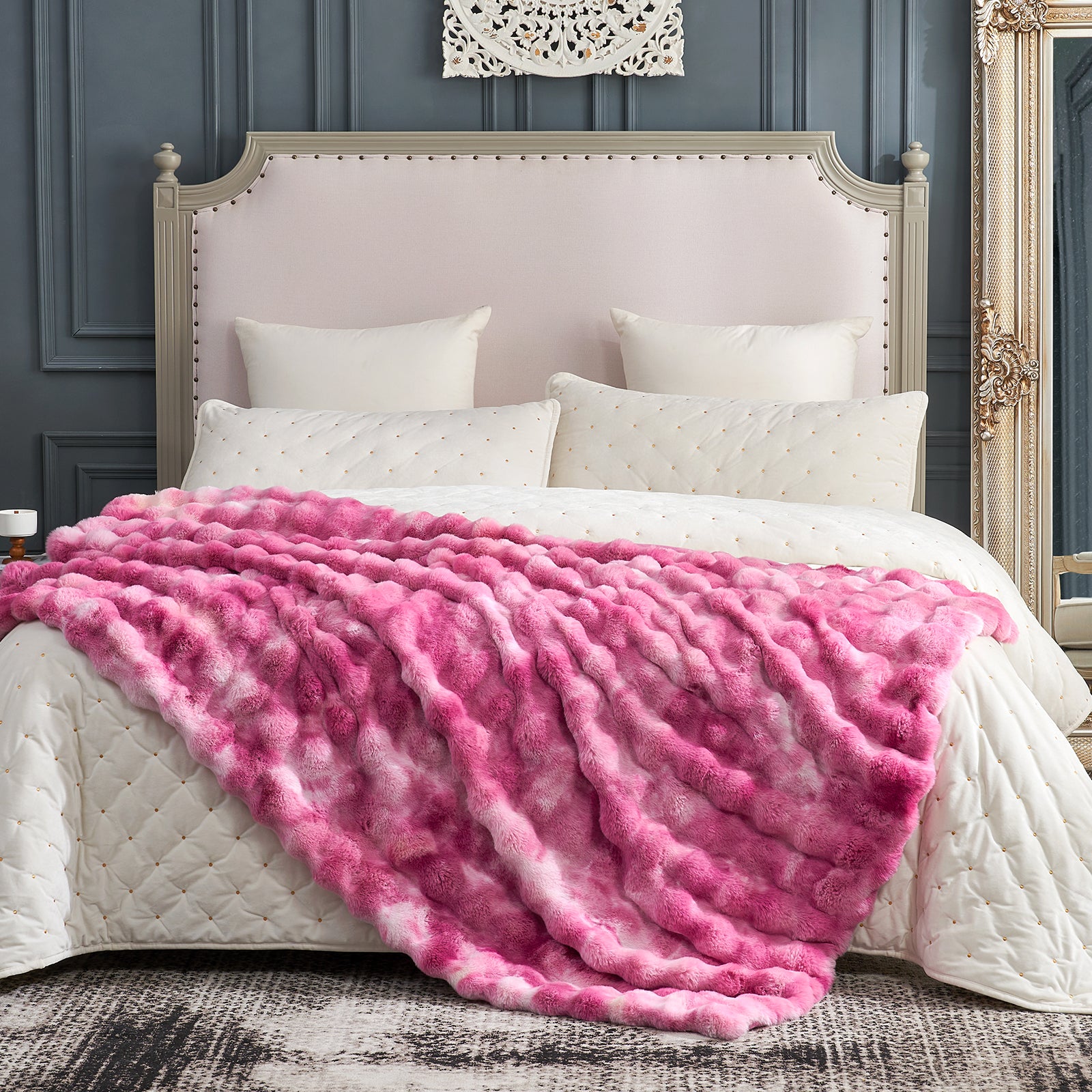 Pink tie-dye faux fur throw blanket on bed. Cozy and soft blanket for bedroom comfort #color_Tie-dye Pink