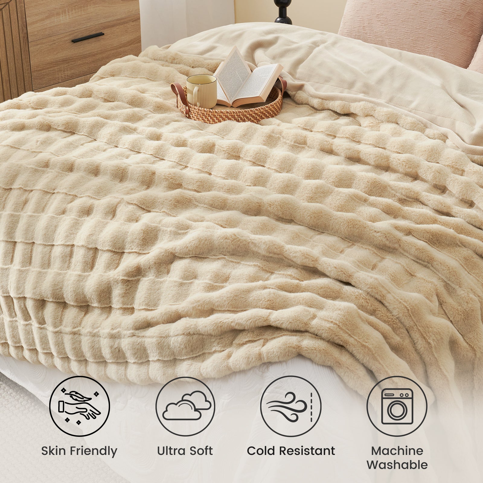 Beige faux fur throw blanket on bed, Ultra Soft, Skin Friendly, Cozy Blanket, Machine Washable, Cold Resistant #color_Beige