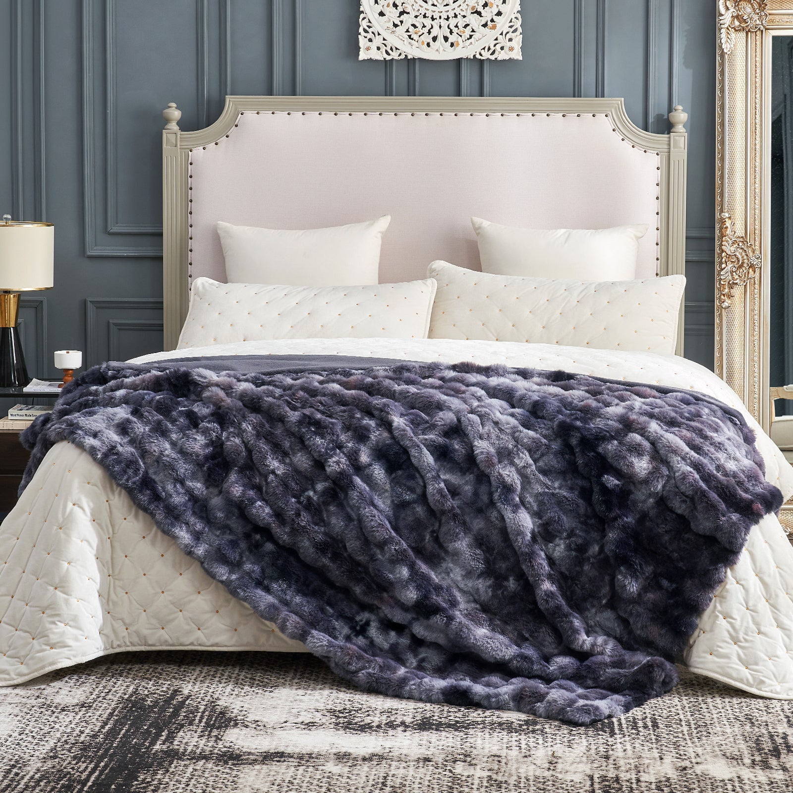 Cozy Bliss tie-dye black faux fur throw blanket on bed, soft and cozy #color_Tie-dye Black