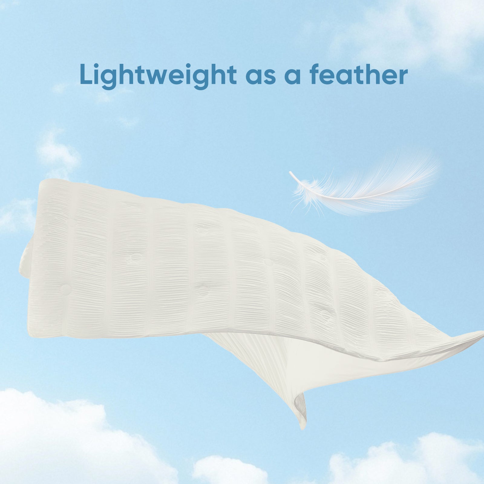 Cooling comforter floating in air, lightweight breathable fabric for cool and comfortable sleep.#color_White