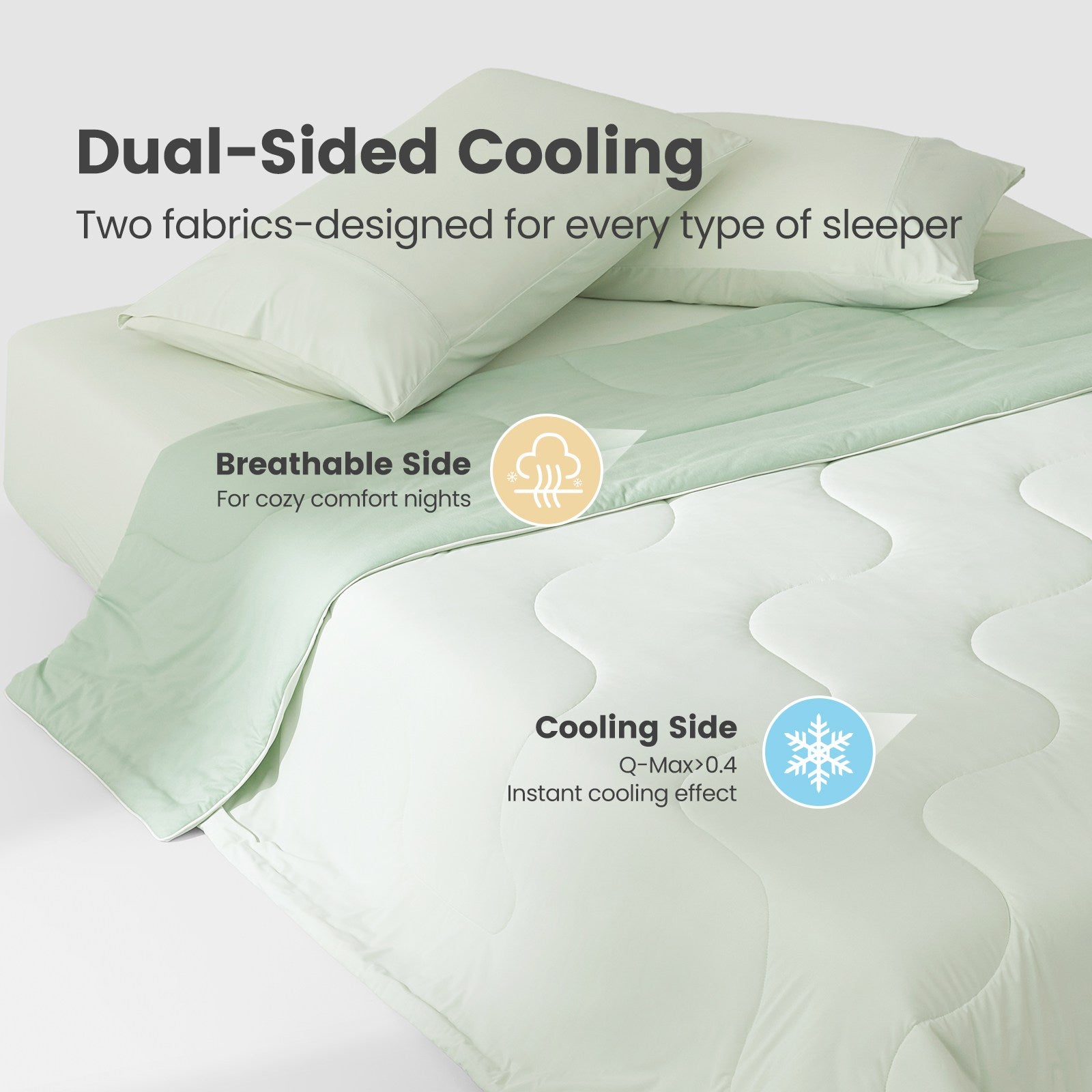 Dual-sided cooling comforter with breathable and cooling sides. Perfect for cool and cozy sleep. #color_Mint Green