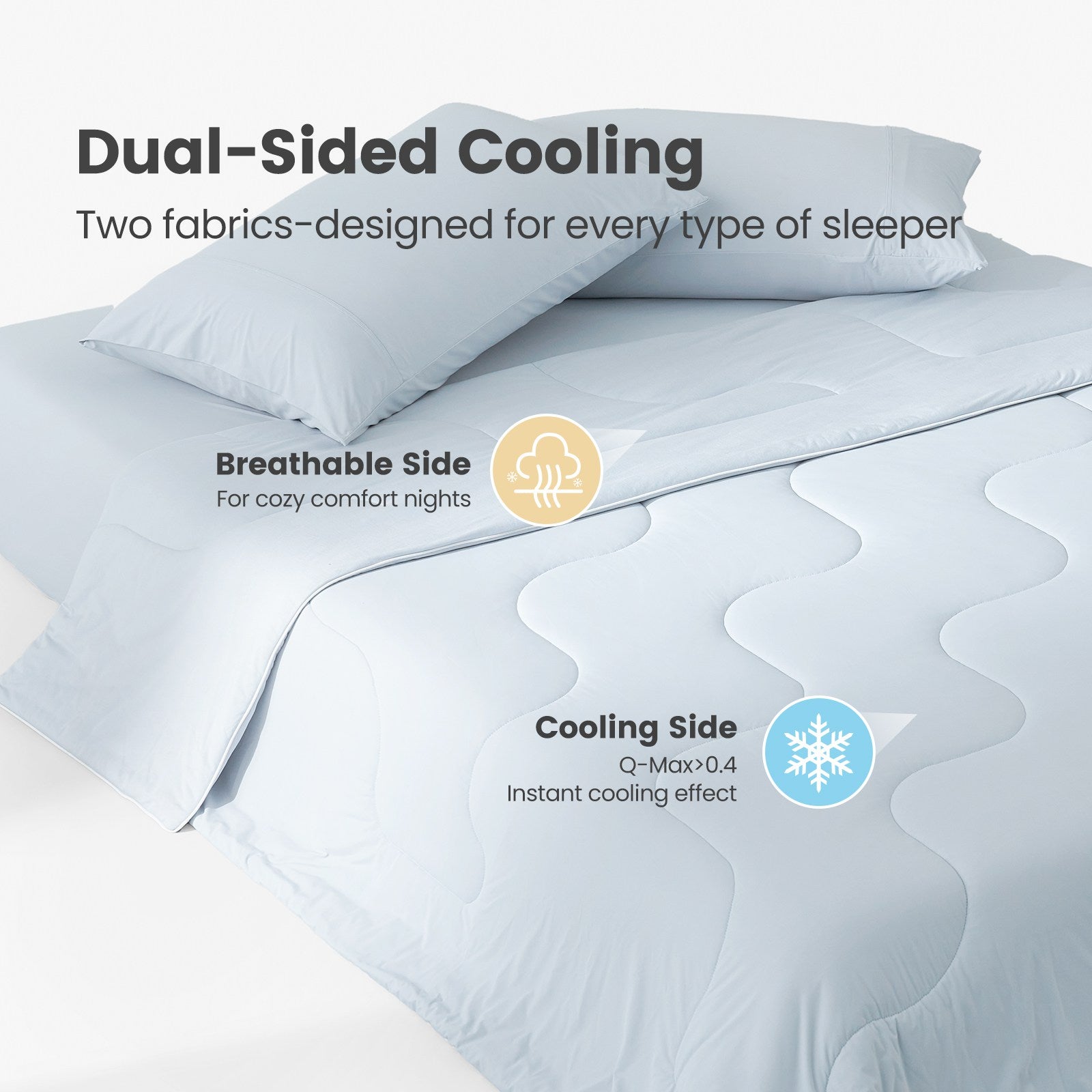 Cozy Bliss dual-sided cooling comforter, light blue, featuring breathable and cooling sides for good sleep. #color_Cool Blue