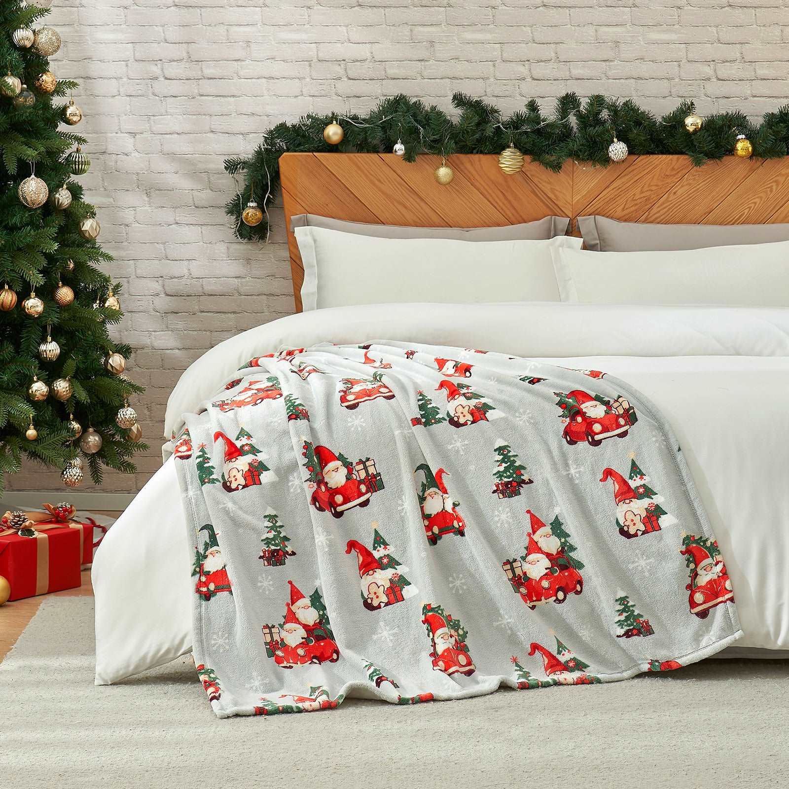 Cozy Bliss Gnomes MilkyPlush™ Throw Blanket on bed, Christmas decor #color_ Gnome in Truck
