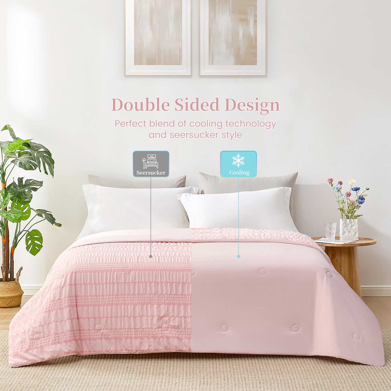 Pink seersucker cooling comforter with double-sided design. Breathable and cooling blanket for cozy sleep. #color_Pink