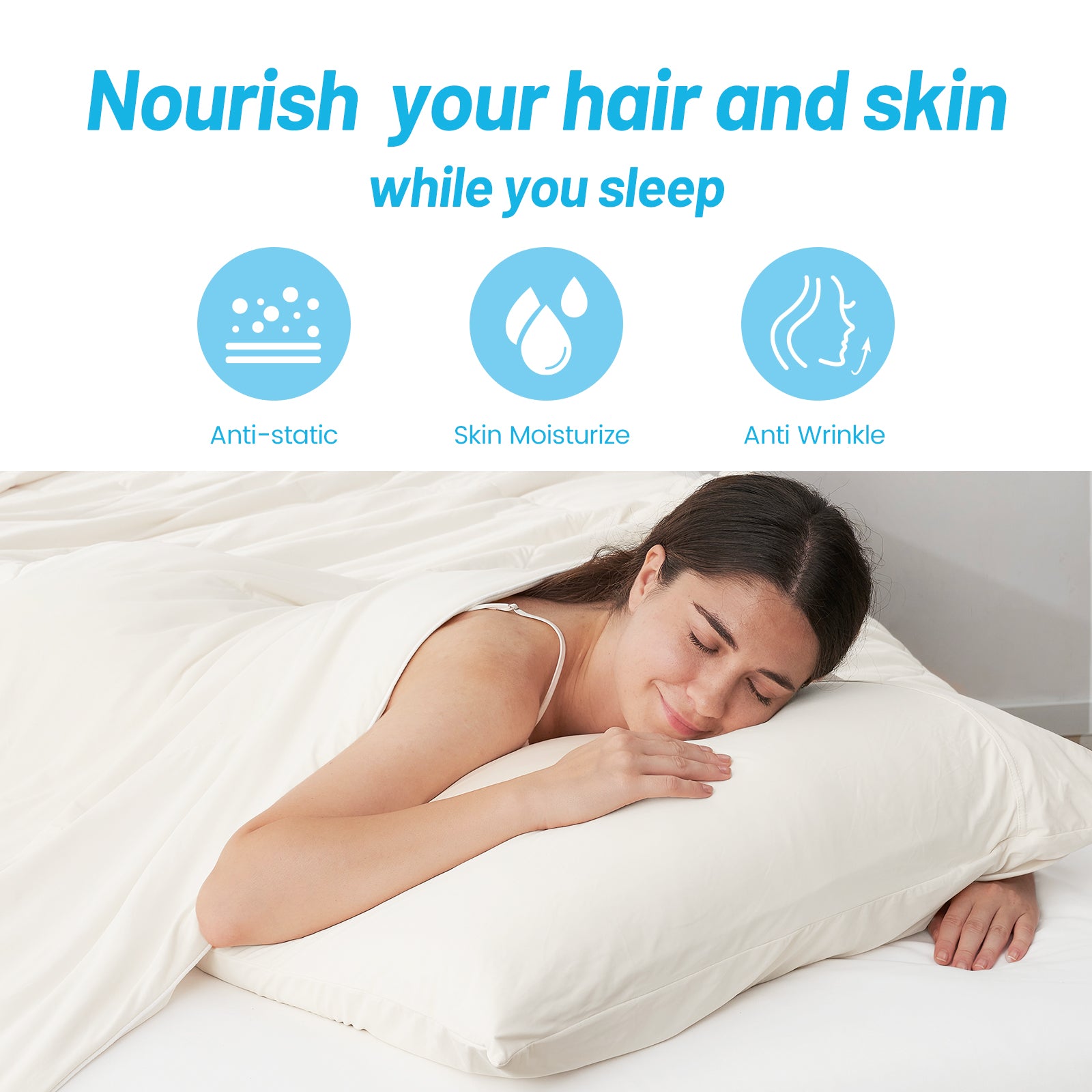 Cooling pillowcase benefits: Anti-wrinkle, skin moisturizing, anti-static #color_Off White