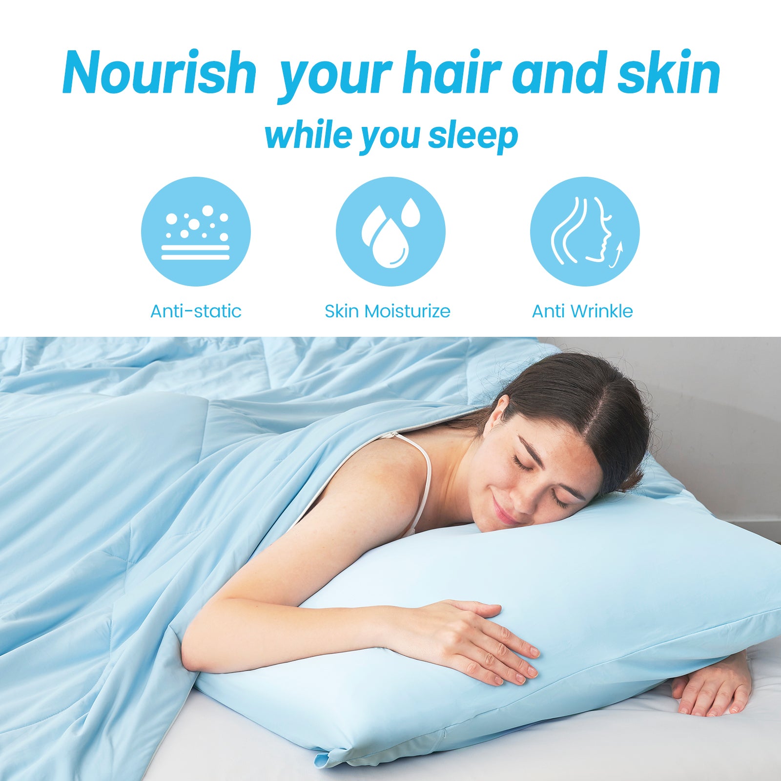 Cooling pillowcase benefits: Nourish hair and skin while sleeping. #color_Sky Blue