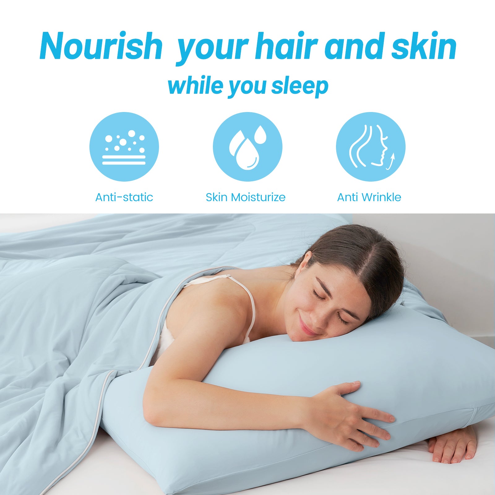 Cooling pillowcase for hair & skin health: anti-static, moisturize, anti-wrinkle. Light blue Cozybliss bedding. #color_Blue
