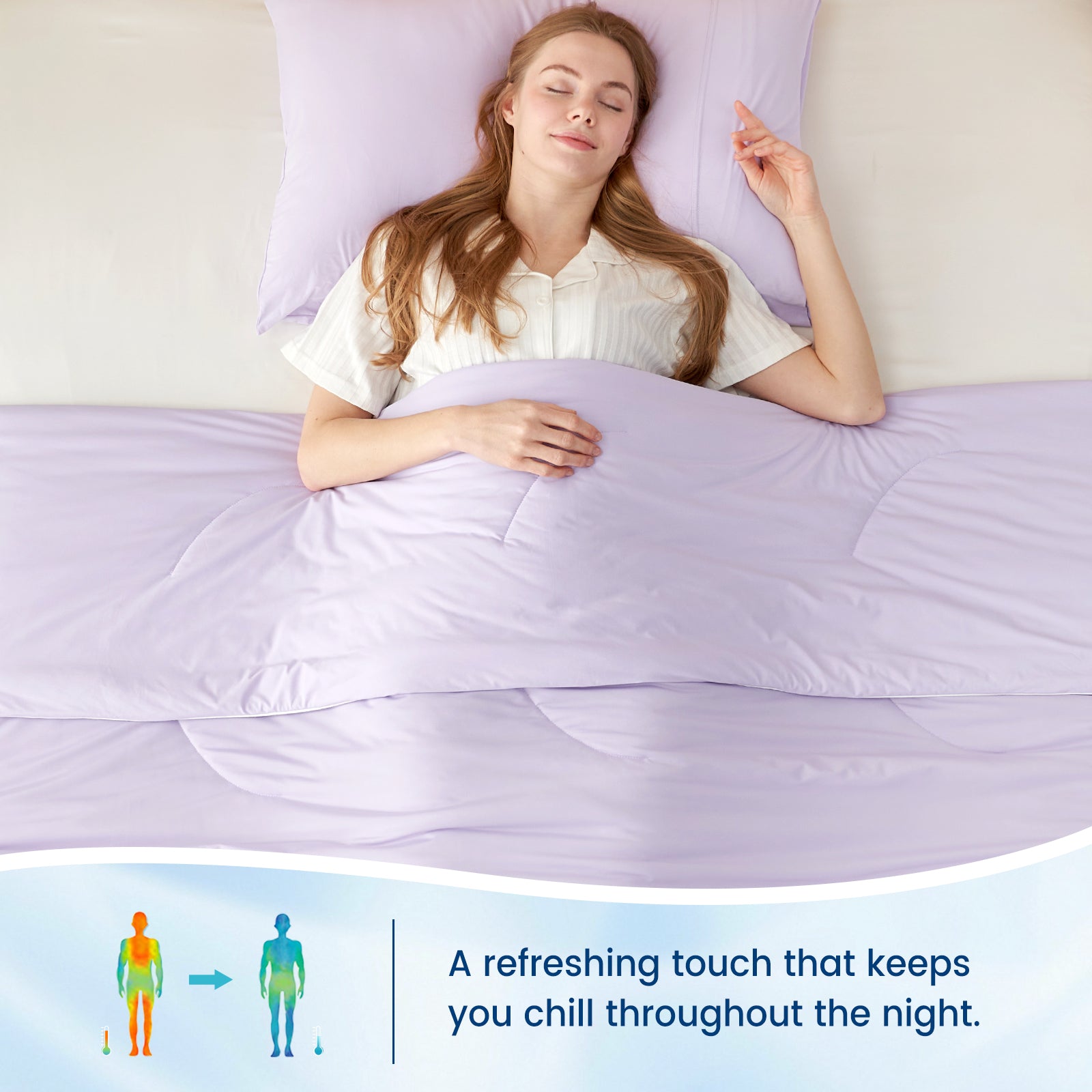 Woman sleeping under lavender cooling comforter, ensuring cool and comfortable sleep. Cozy Bliss. #Color_Lavender Purple