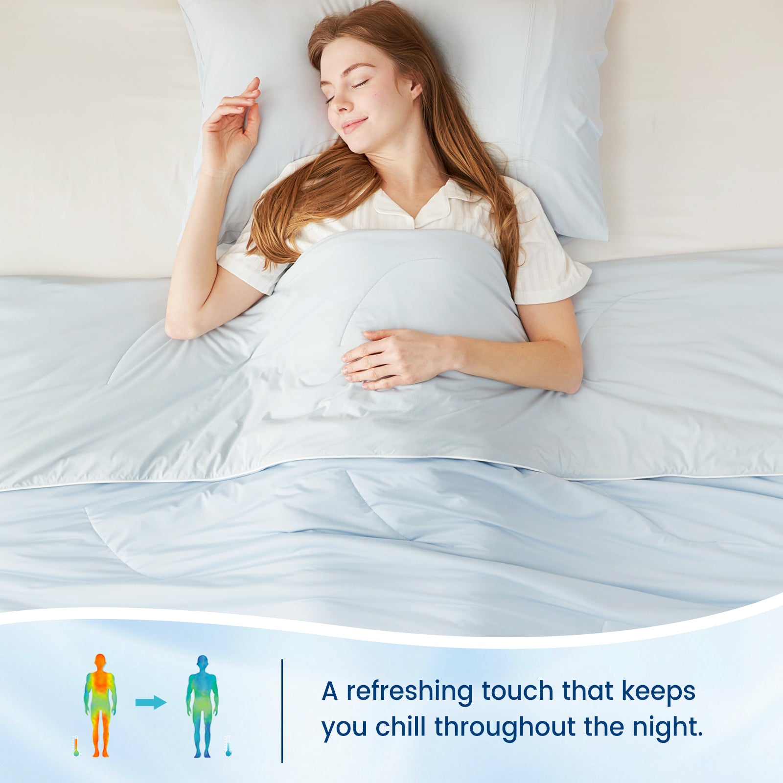 Woman sleeping under a Cozy Bliss cooling comforter in light blue, promoting a refreshing night's sleep. #Color_Cool Blue