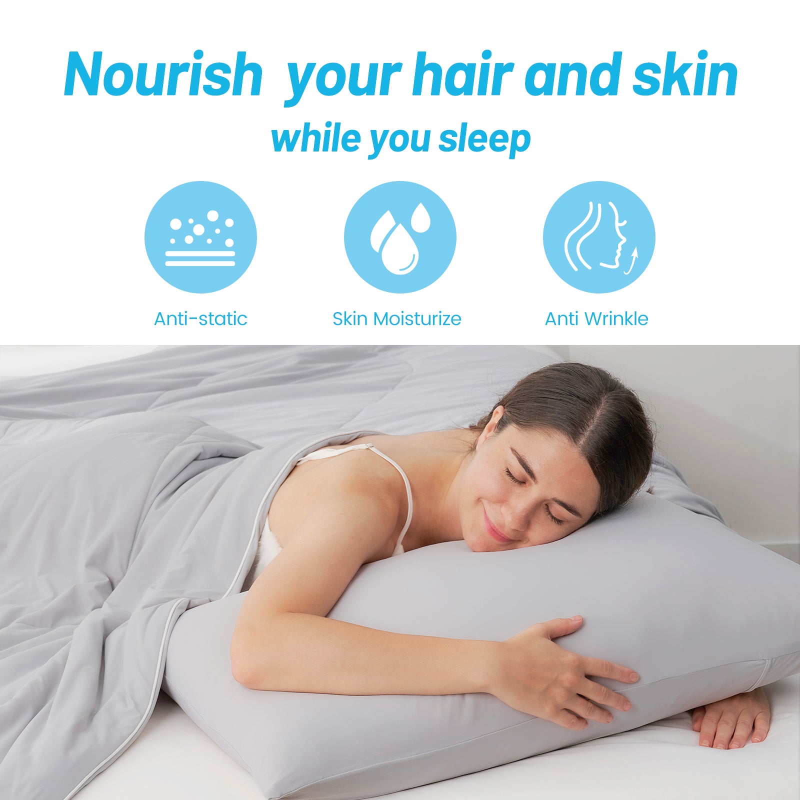 Cooling pillowcase with anti-static, skin moisturizing benefits. Promotes better sleep and hair health. #color_Light Grey