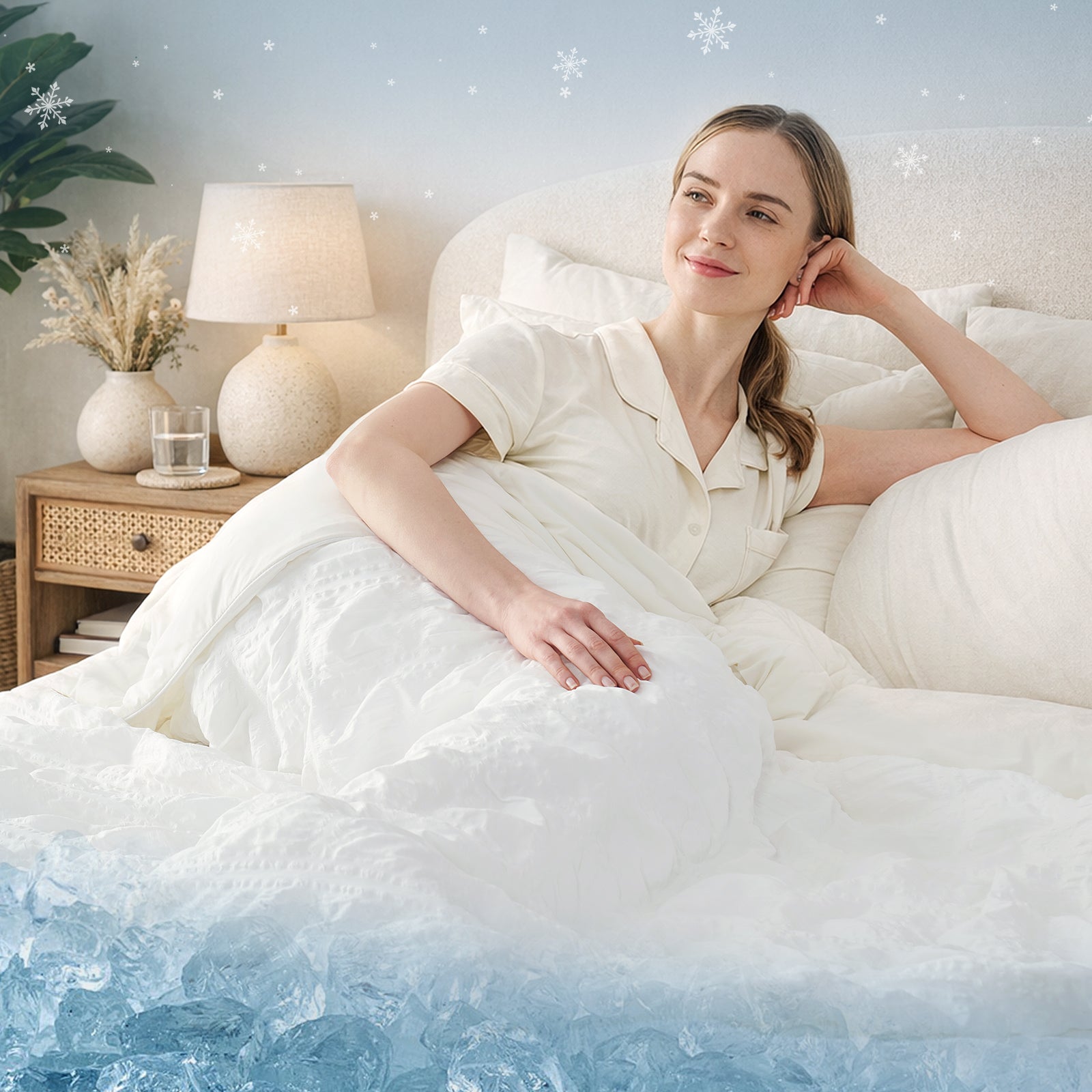 Woman waking up refreshed with Cozy Bliss white seersucker plaid cooling comforter.#Color_White Plaid