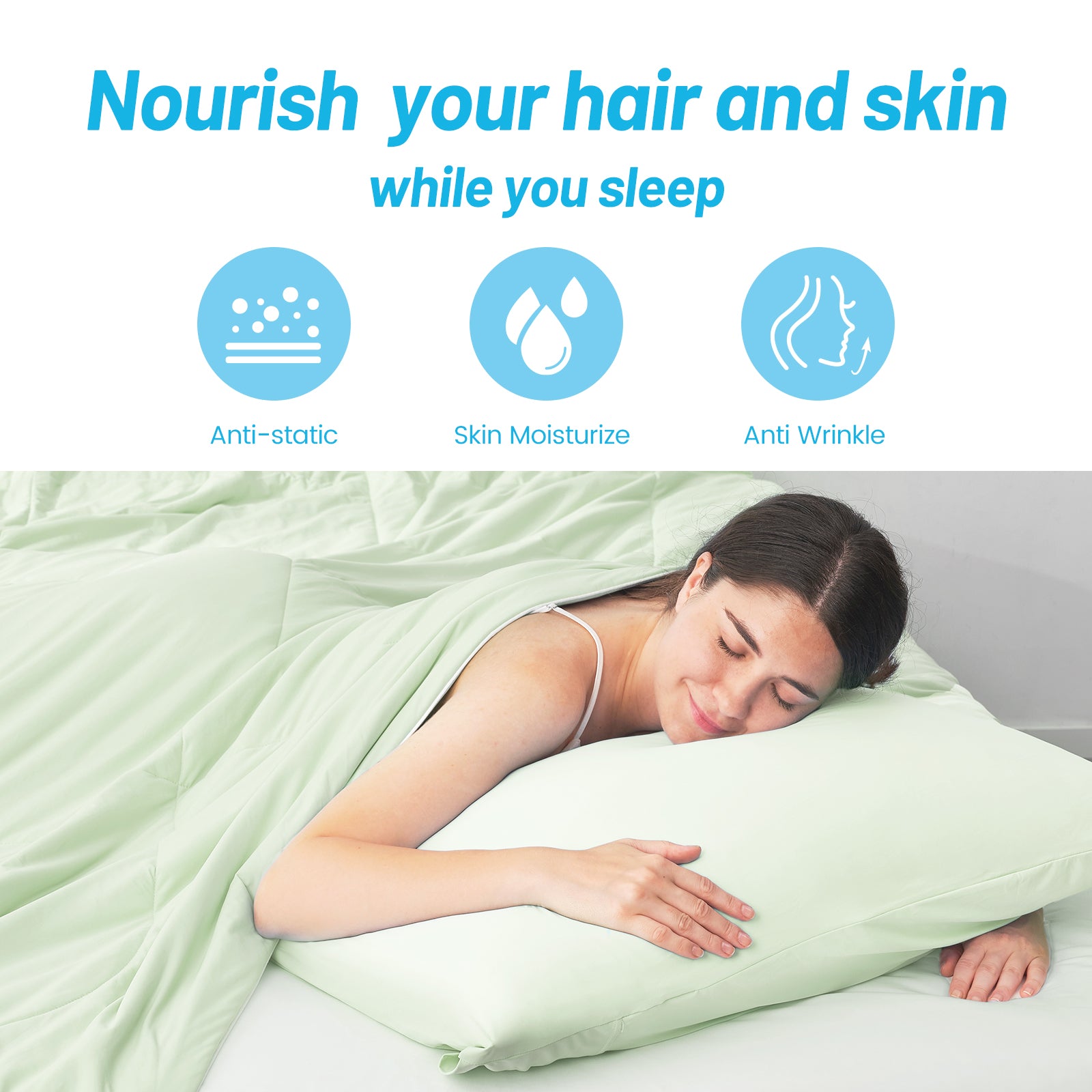 Cooling pillowcase: anti-static, skin moisturizing, anti-wrinkle benefits for hair and skin. Cozy bedding. #color_Green