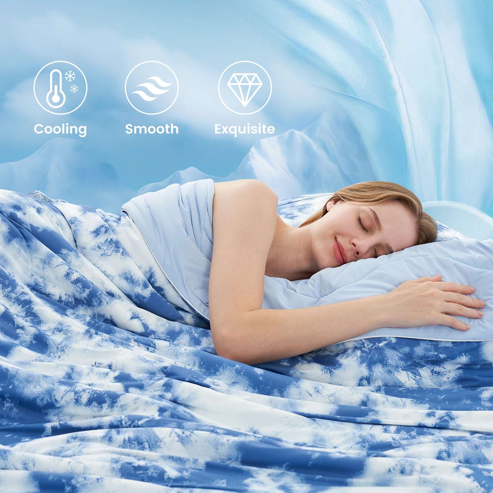 Woman sleeping peacefully under Tie-Dye Cooling Comforter. Features Cooling, Smooth, and Exquisite. #color_Tie Dye Denim Blue