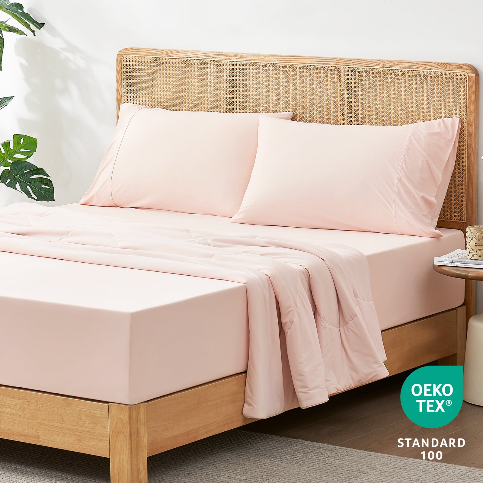 Pink cooling fitted sheet set with pillowcases, OEKO-TEX certified #Color_Pink