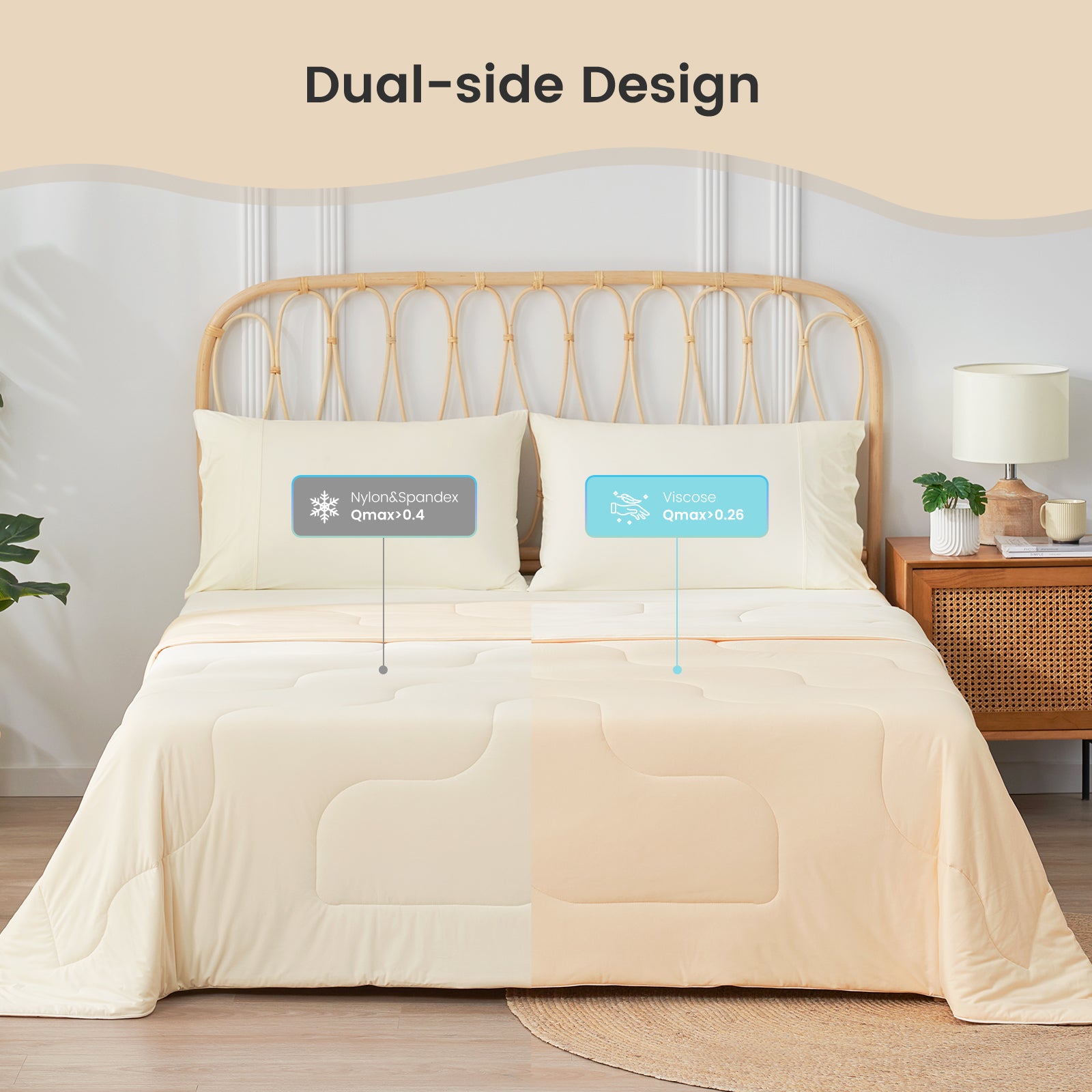 Dual-sided cooling comforter: nylon/spandex and viscose sides for cooling and breathable sleep. #color_Ivory