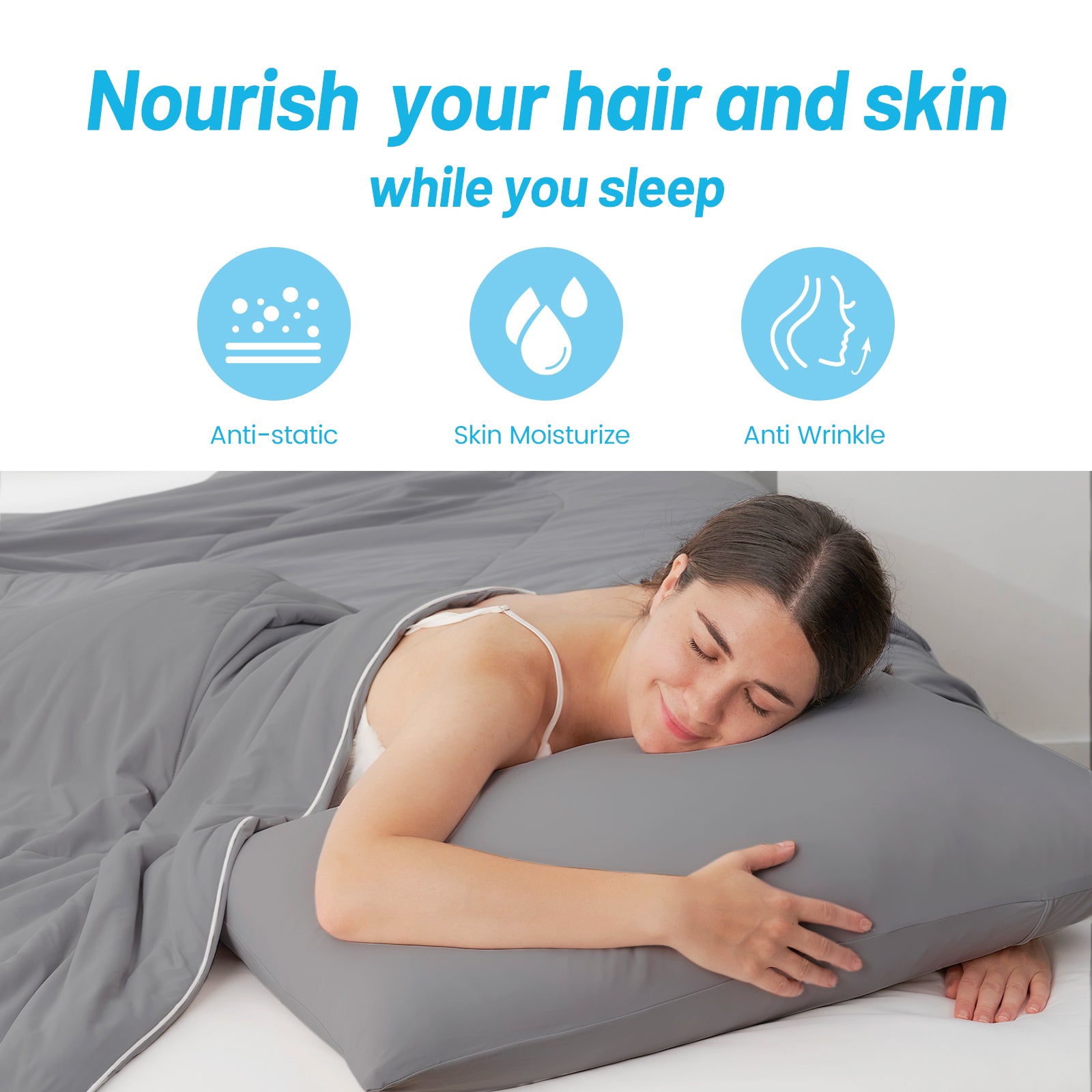 Cooling pillowcase: promotes healthy hair & skin, anti-static, moisturizes, prevents wrinkles. Gray bedding. #color_Dark Grey