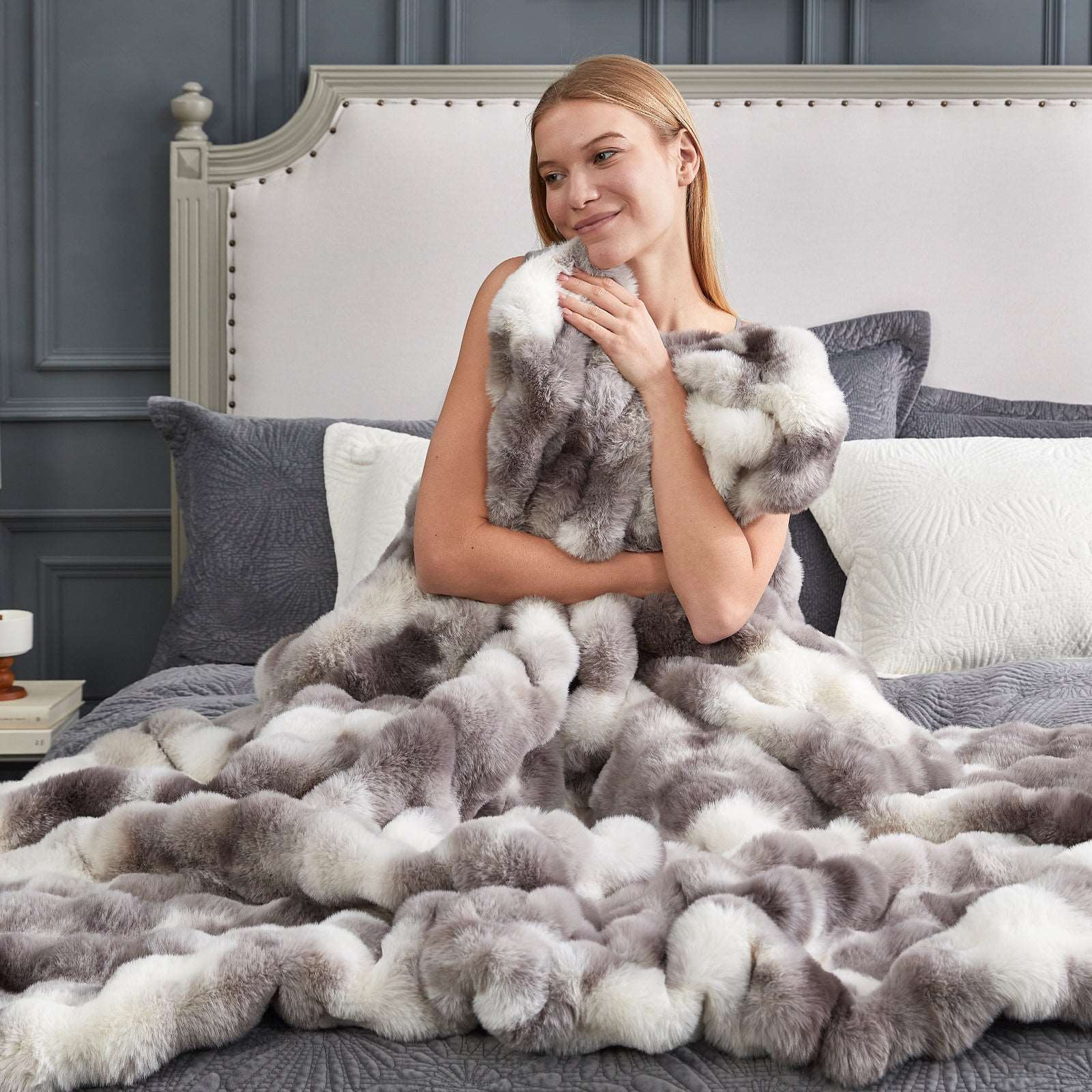 Cozy Bliss Bubble Faux Fur Throw Blanket in gray and white, soft, cozy on a bed #color_Tie-dye Taupe